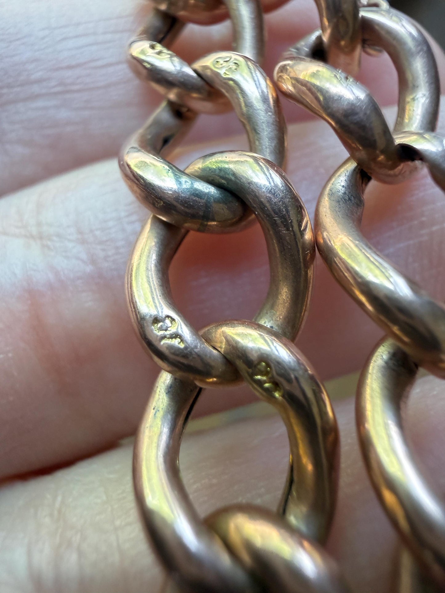 Victorian ANTIQUE 8.4mm Wide Curb Chain Bracelet with XL Spring Ring Bolt Clasp 8k Rosy Gold Wriststack Staple