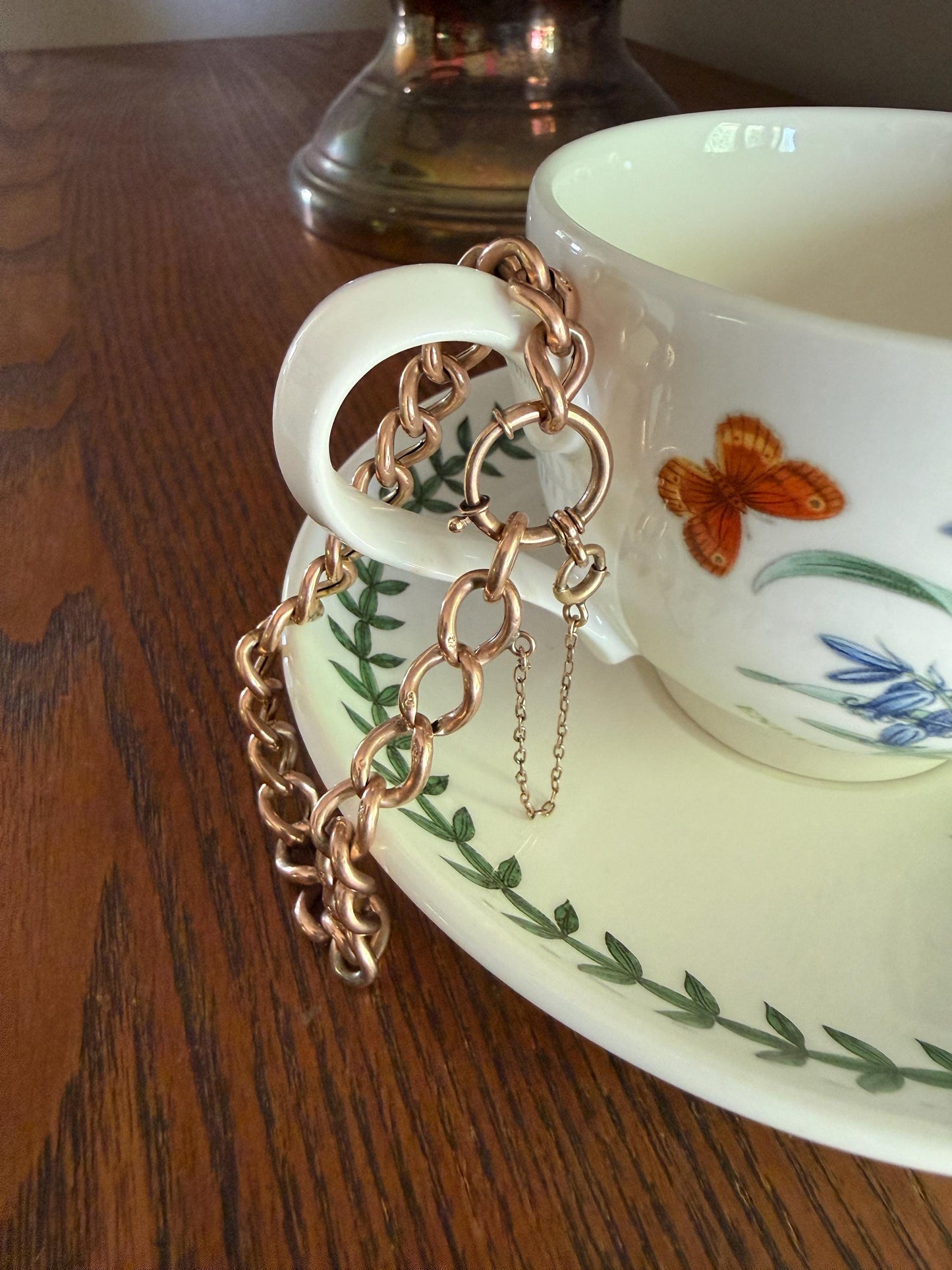 Victorian ANTIQUE 8.4mm Wide Curb Chain Bracelet with XL Spring Ring Bolt Clasp 8k Rosy Gold Wriststack Staple