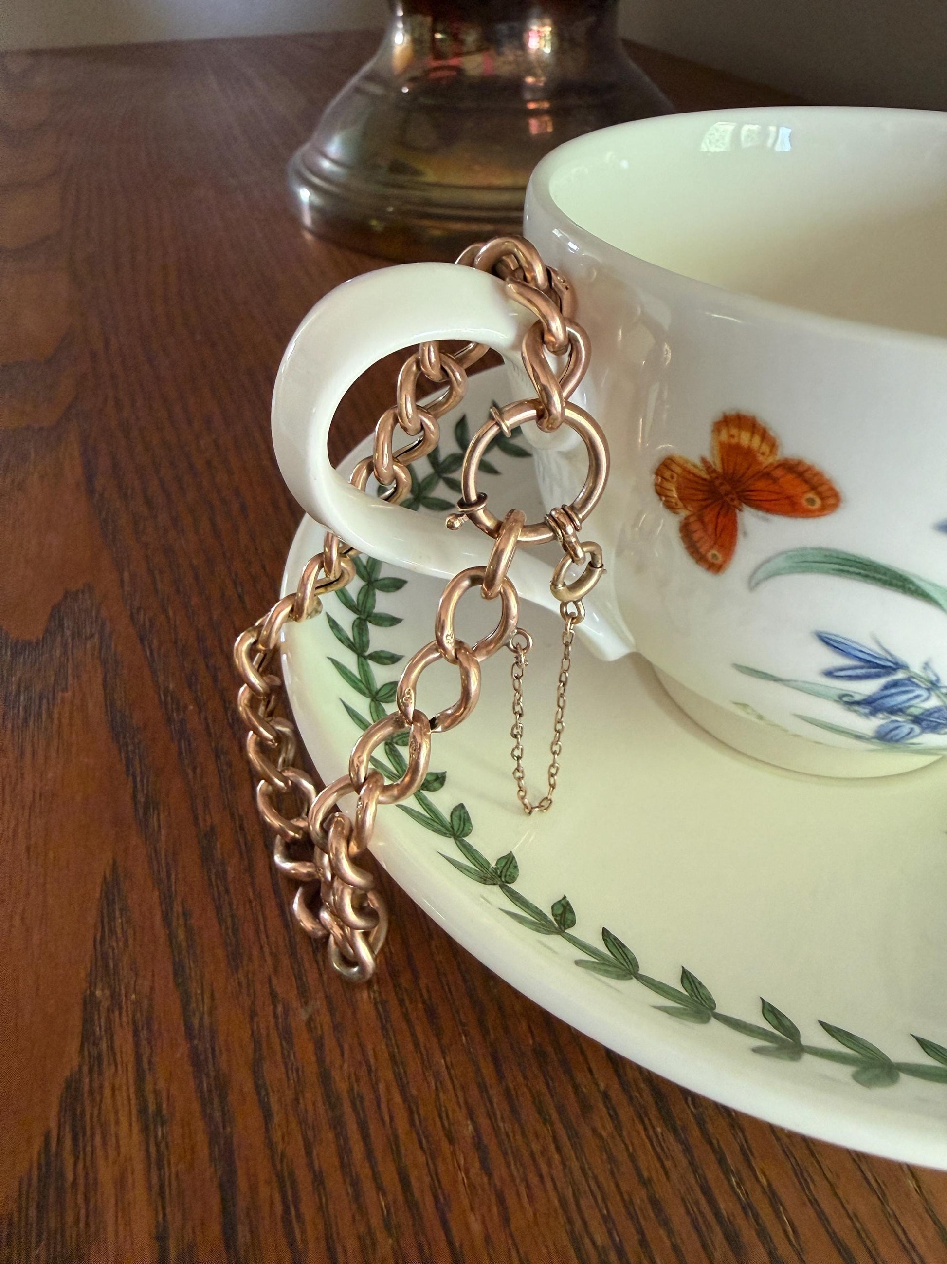 Victorian ANTIQUE 8.4mm Wide Curb Chain Bracelet with XL Spring Ring Bolt Clasp 8k Rosy Gold Wriststack Staple