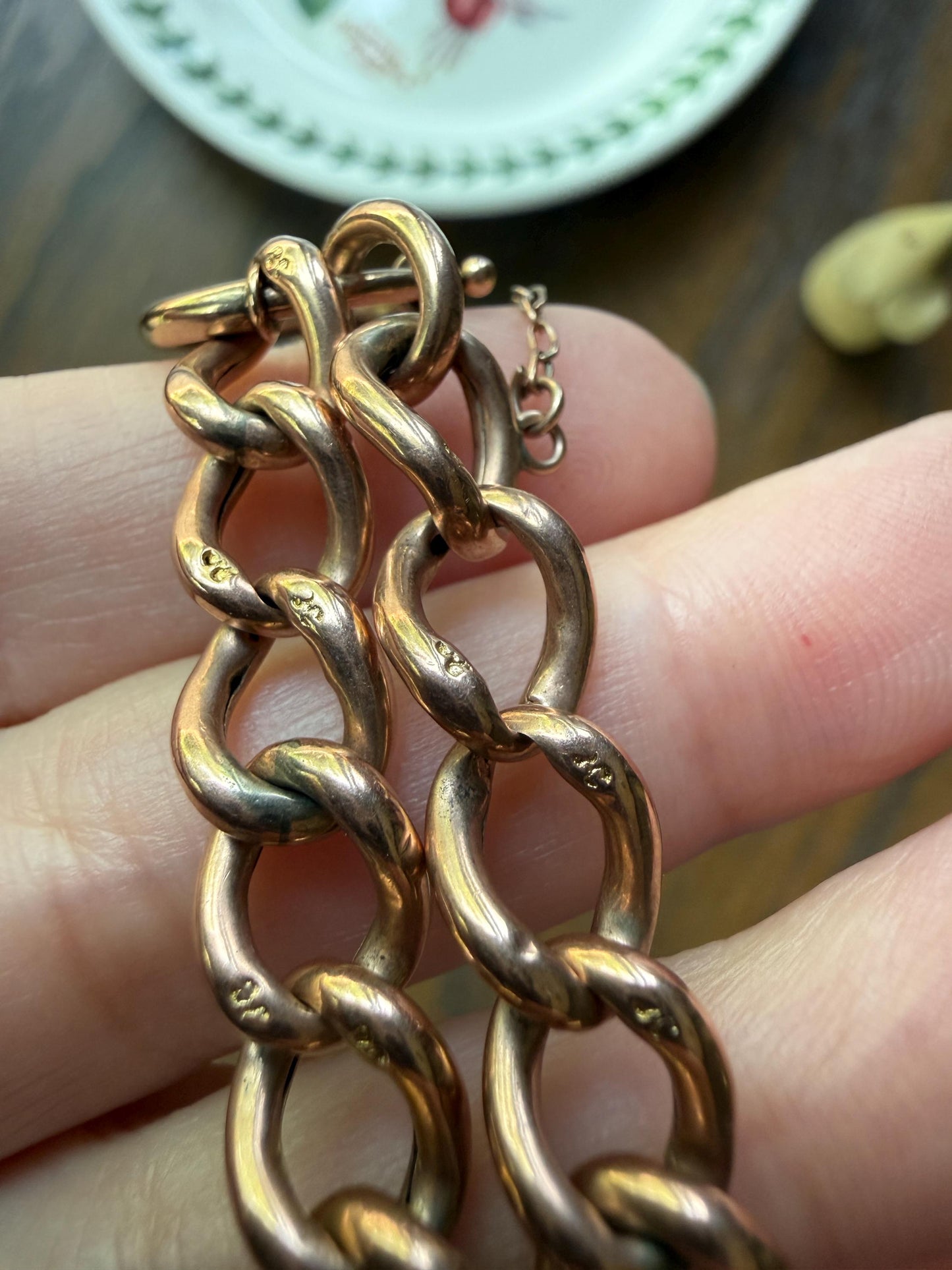 Victorian ANTIQUE 8.4mm Wide Curb Chain Bracelet with XL Spring Ring Bolt Clasp 8k Rosy Gold Wriststack Staple