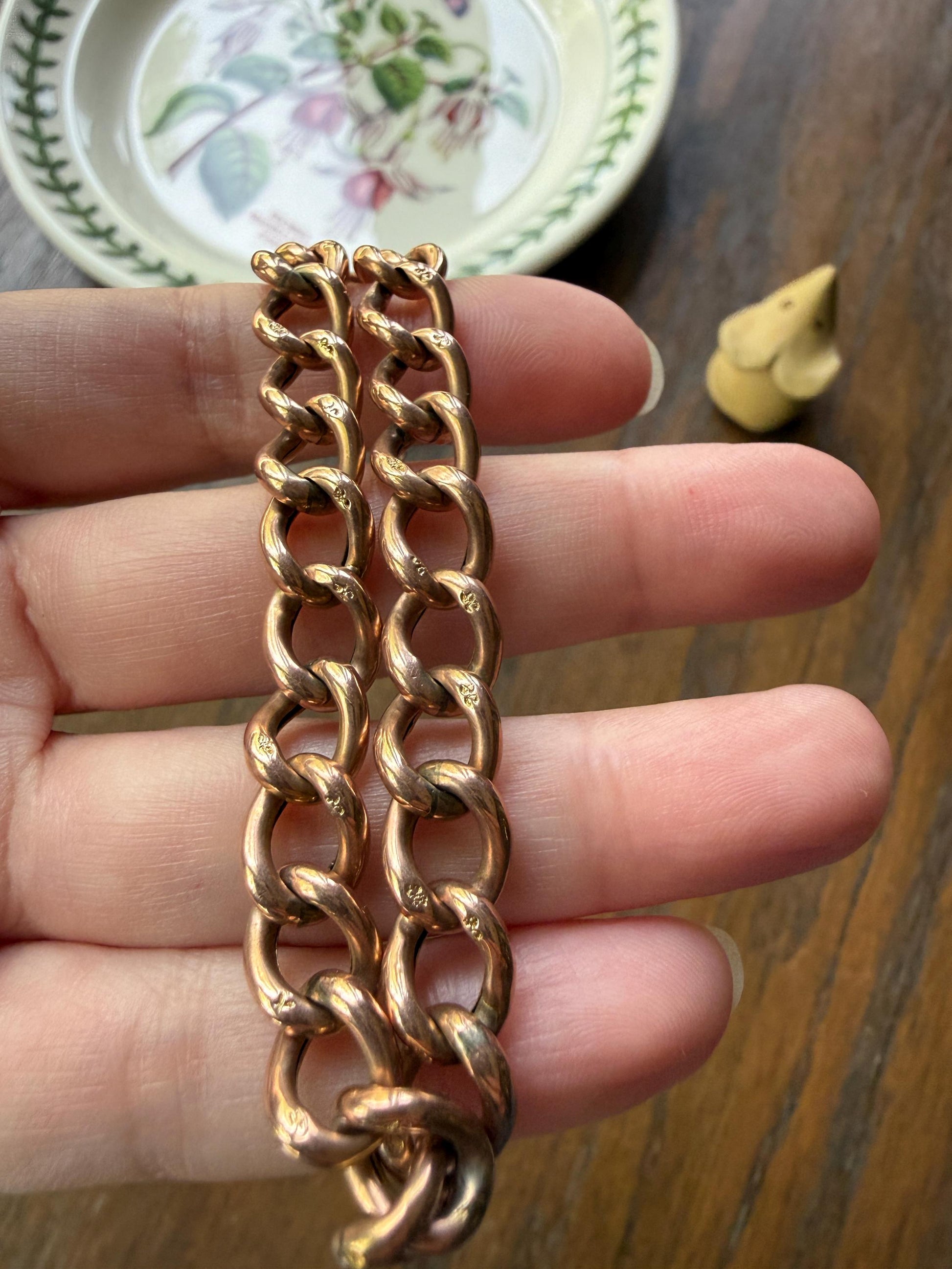 Victorian ANTIQUE 8.4mm Wide Curb Chain Bracelet with XL Spring Ring Bolt Clasp 8k Rosy Gold Wriststack Staple