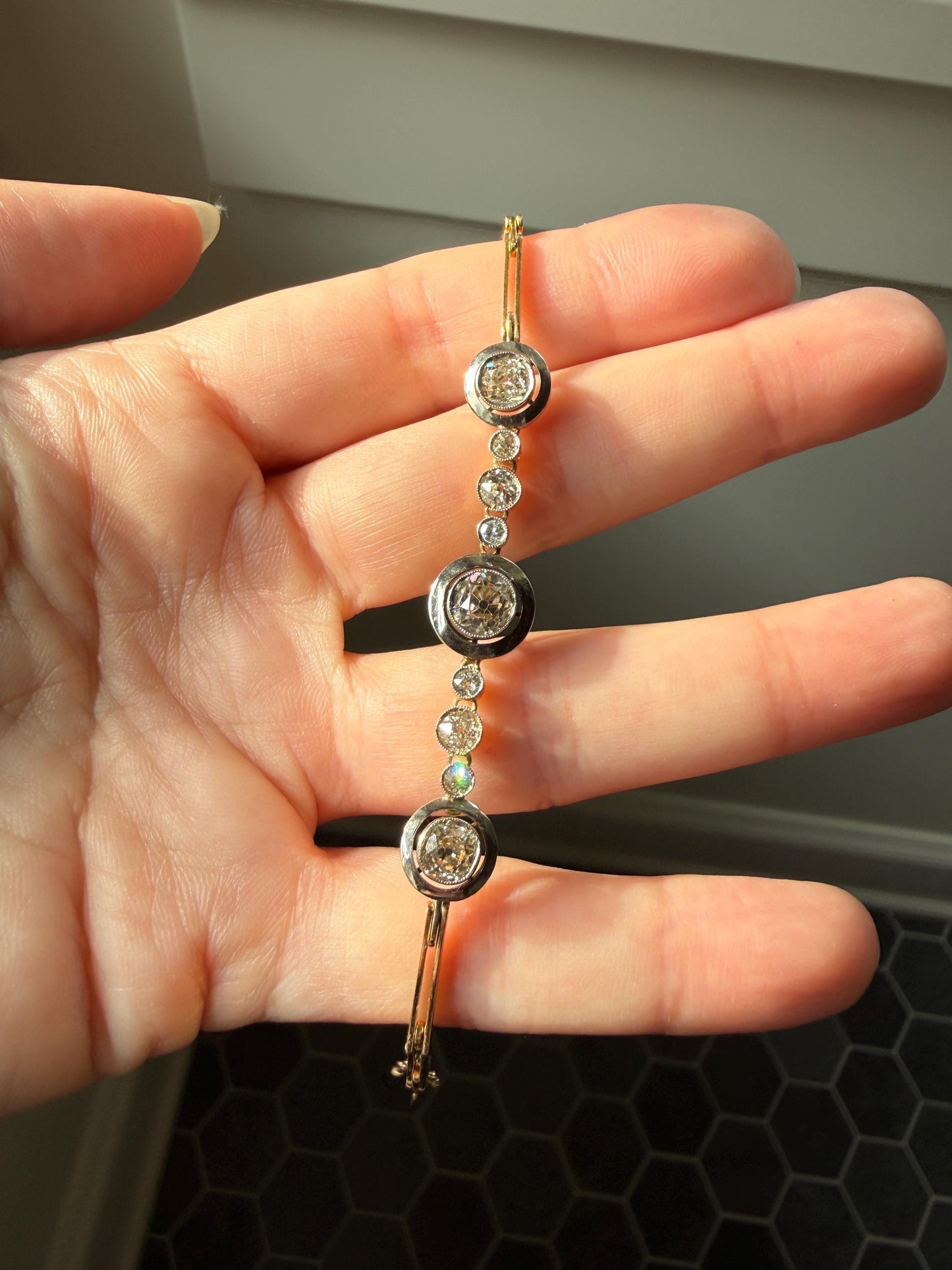 ANTIQUE 2.35 Carat Tdw Old Mine Cut DIAMOND Bracelet 18k Gold Comfortable Target Halo Bullseye Bezel Paperclip Link Chain 2.35Ctw OMC