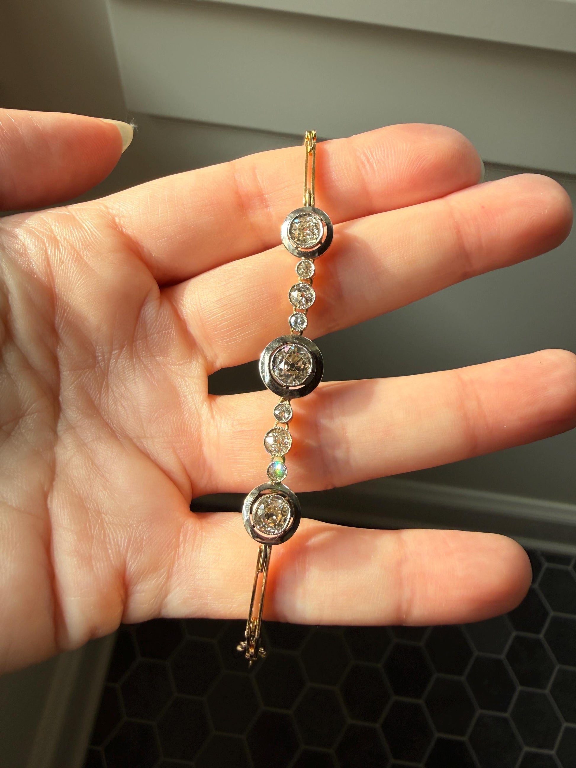 ANTIQUE 2.35 Carat Tdw Old Mine Cut DIAMOND Bracelet 18k Gold Comfortable Target Halo Bullseye Bezel Paperclip Link Chain 2.35Ctw OMC