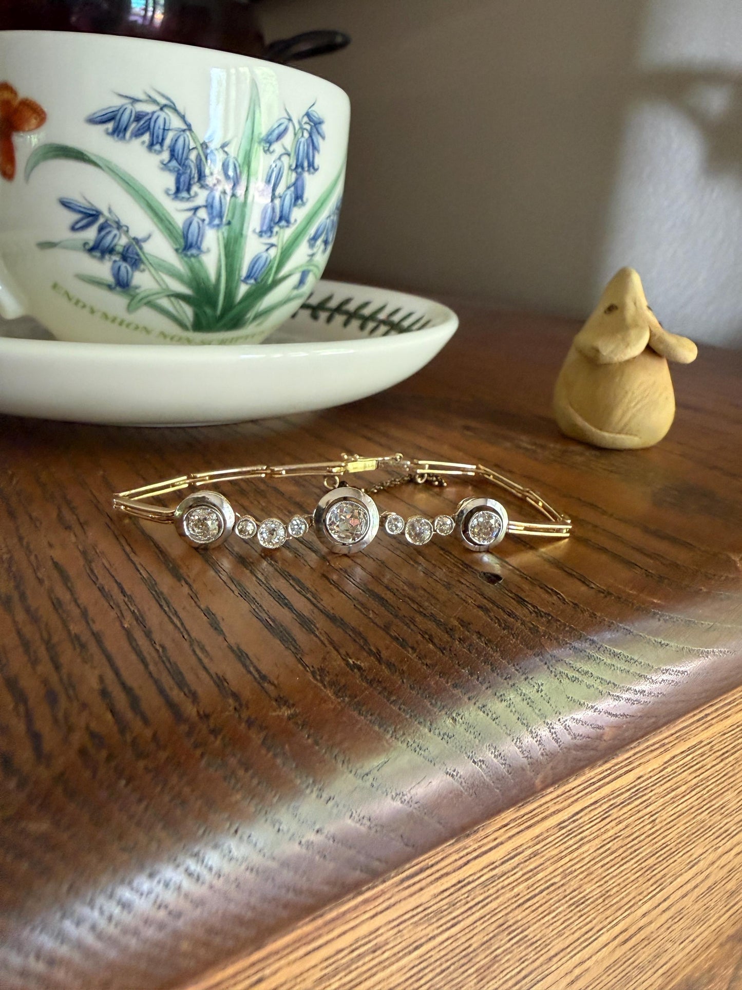 ANTIQUE 2.35 Carat Tdw Old Mine Cut DIAMOND Bracelet 18k Gold Comfortable Target Halo Bullseye Bezel Paperclip Link Chain 2.35Ctw OMC