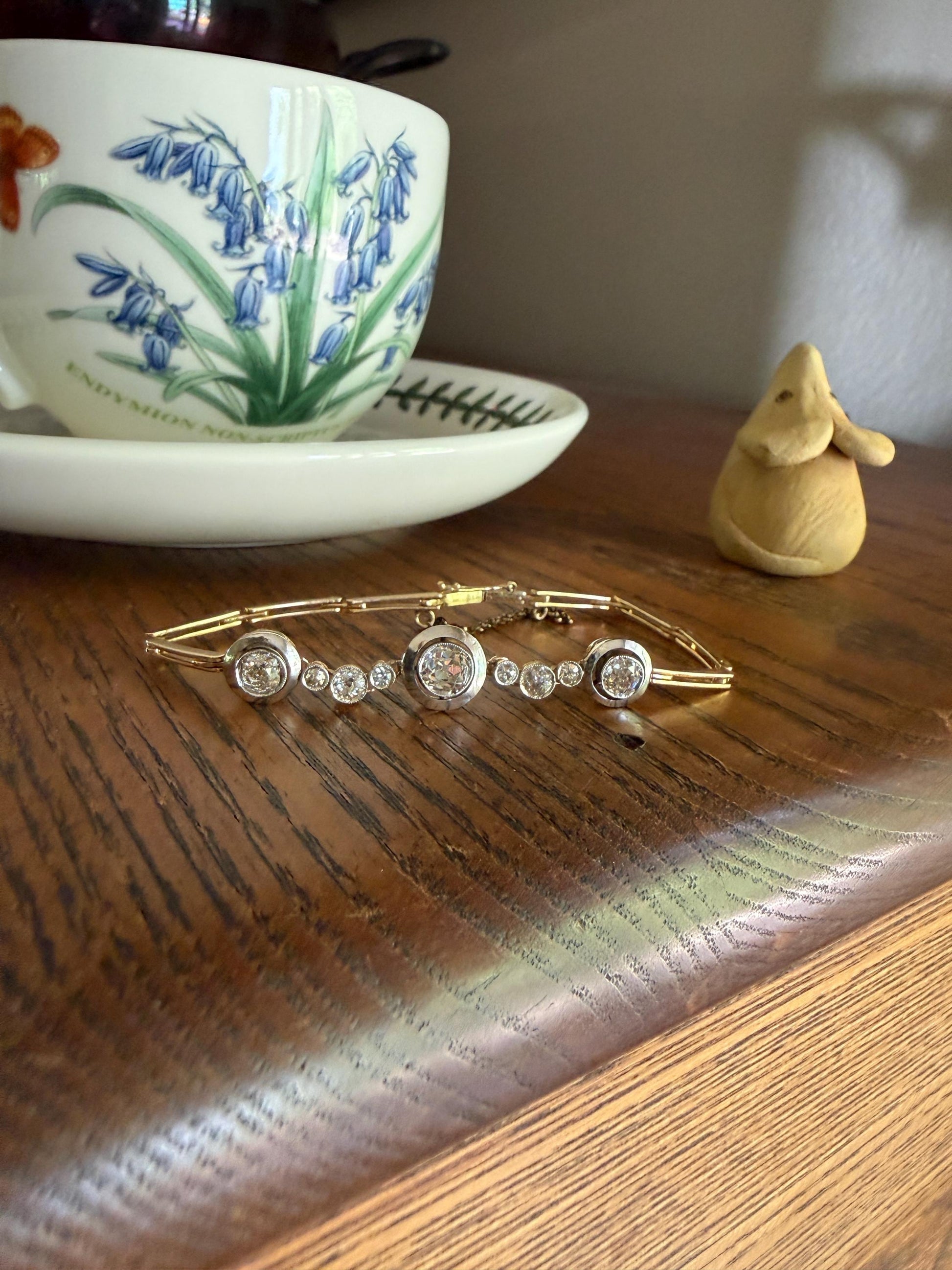ANTIQUE 2.35 Carat Tdw Old Mine Cut DIAMOND Bracelet 18k Gold Comfortable Target Halo Bullseye Bezel Paperclip Link Chain 2.35Ctw OMC