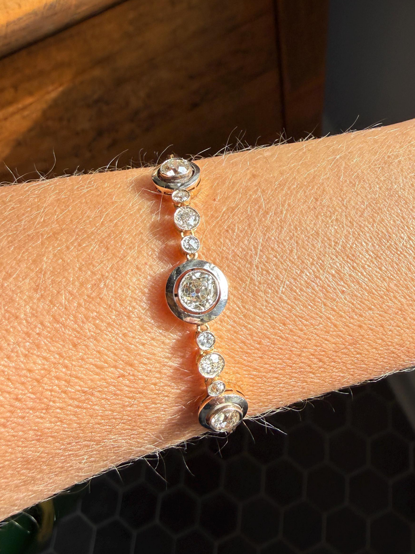 ANTIQUE 2.35 Carat Tdw Old Mine Cut DIAMOND Bracelet 18k Gold Comfortable Target Halo Bullseye Bezel Paperclip Link Chain 2.35Ctw OMC