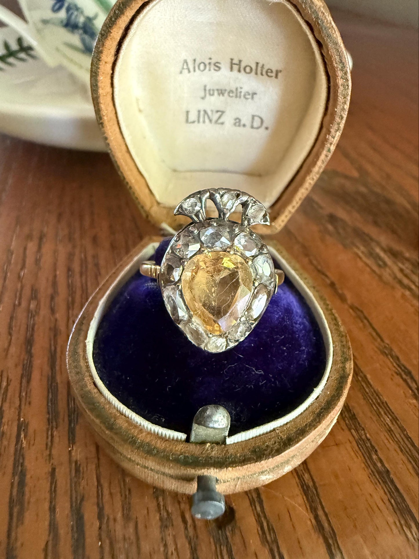 Rare Georgian Era Crowned HEART Ring Pear Precious Golden Yellow Topaz Elongated Old Mine Rose Cut DIAMOND Halo 18k Gold Silver Figural
