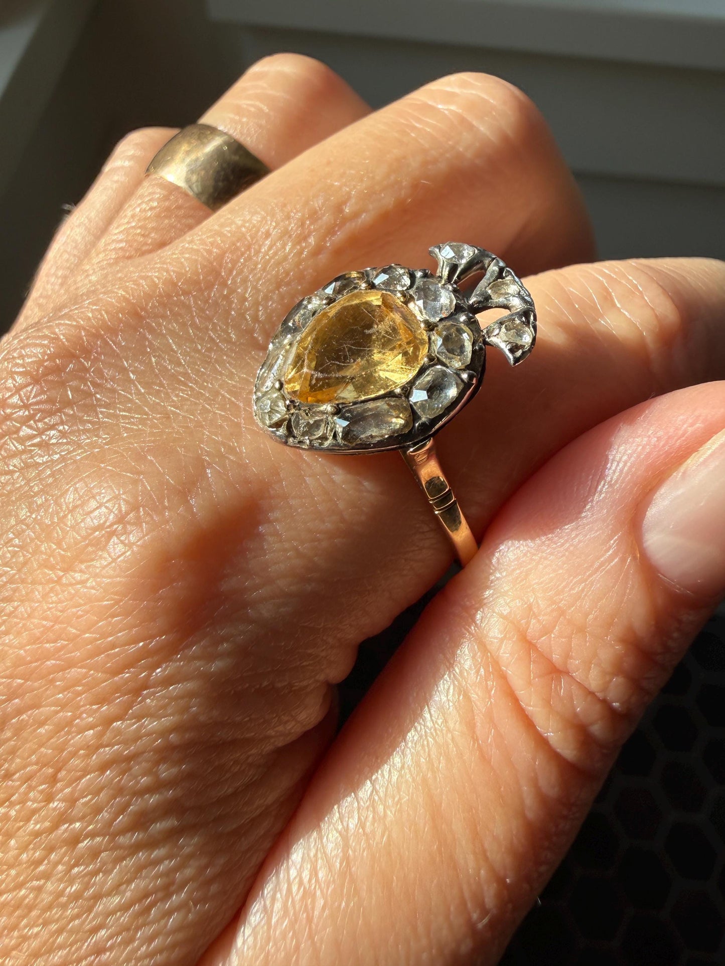 Rare Georgian Era Crowned HEART Ring Pear Precious Golden Yellow Topaz Elongated Old Mine Rose Cut DIAMOND Halo 18k Gold Silver Figural