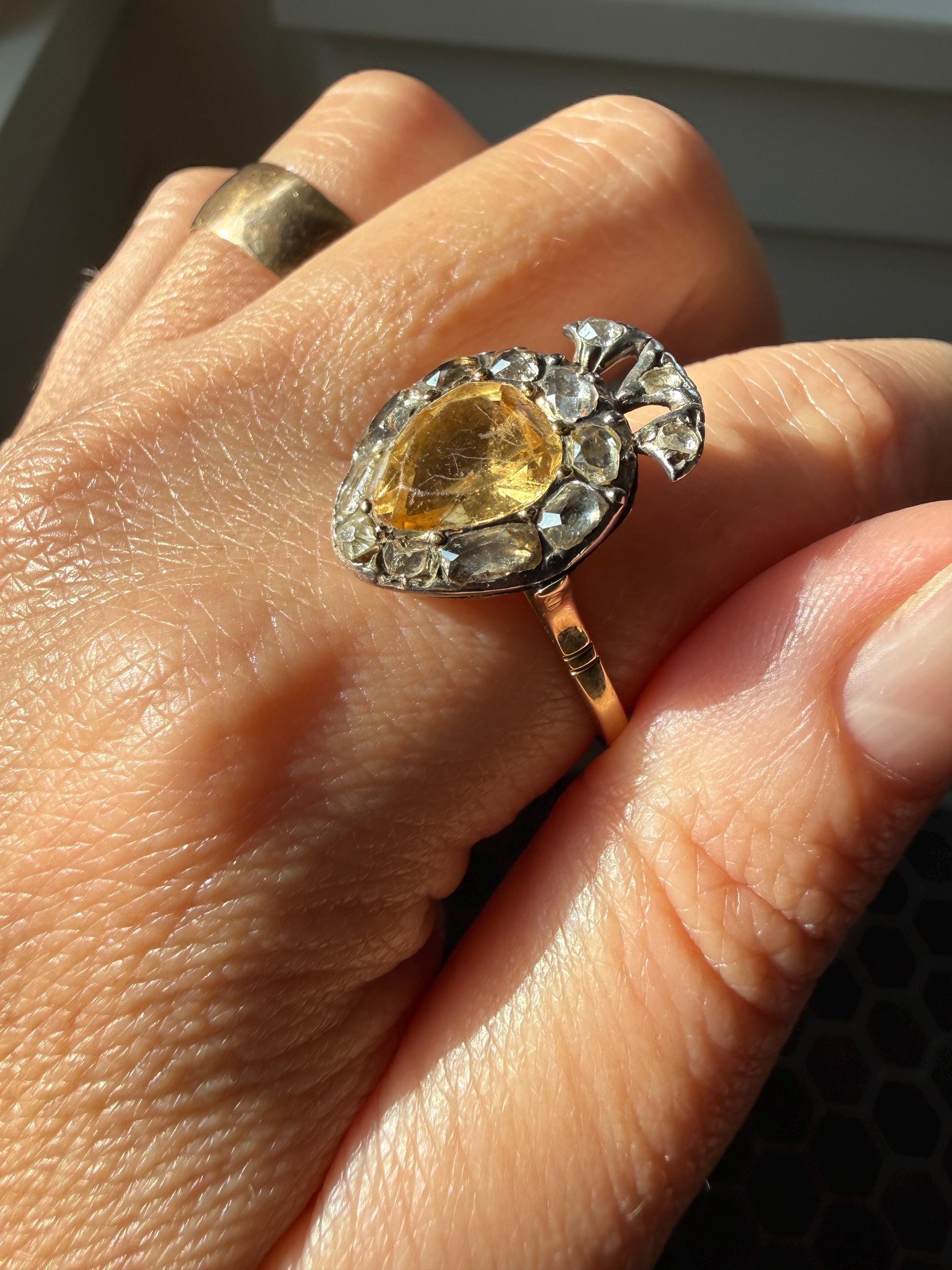 Rare Georgian Era Crowned HEART Ring Pear Precious Golden Yellow Topaz Elongated Old Mine Rose Cut DIAMOND Halo 18k Gold Silver Figural