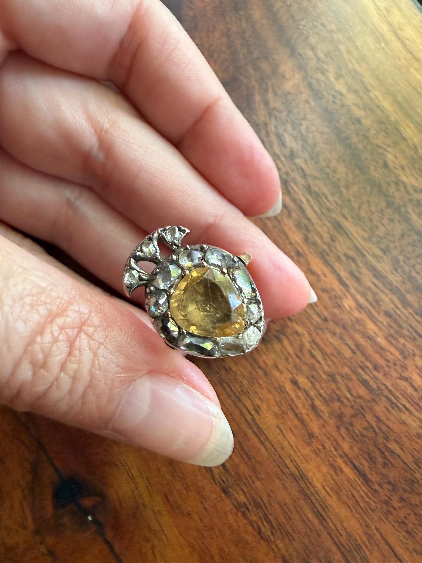 Rare Georgian Era Crowned HEART Ring Pear Precious Golden Yellow Topaz Elongated Old Mine Rose Cut DIAMOND Halo 18k Gold Silver Figural