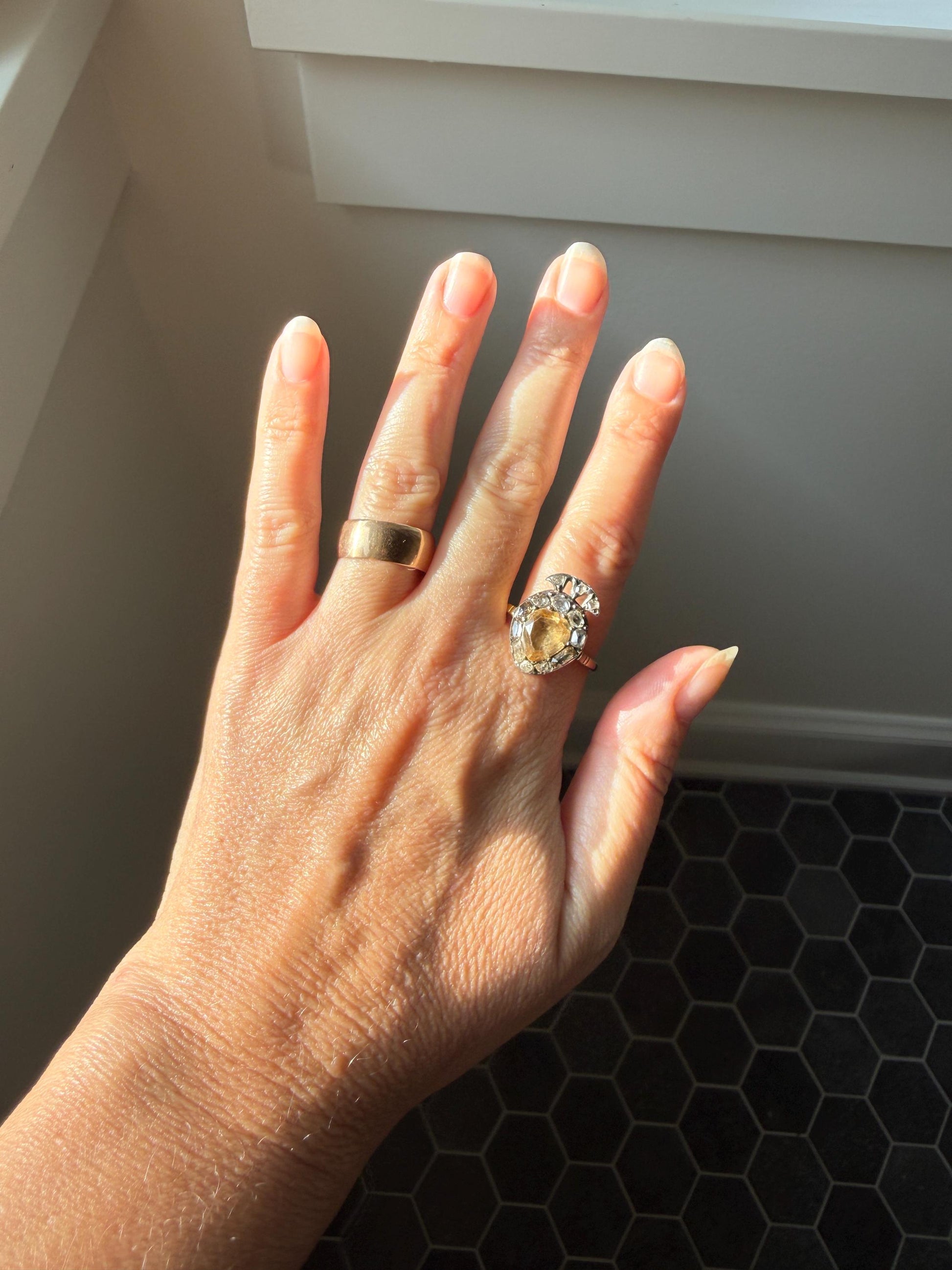 Rare Georgian Era Crowned HEART Ring Pear Precious Golden Yellow Topaz Elongated Old Mine Rose Cut DIAMOND Halo 18k Gold Silver Figural