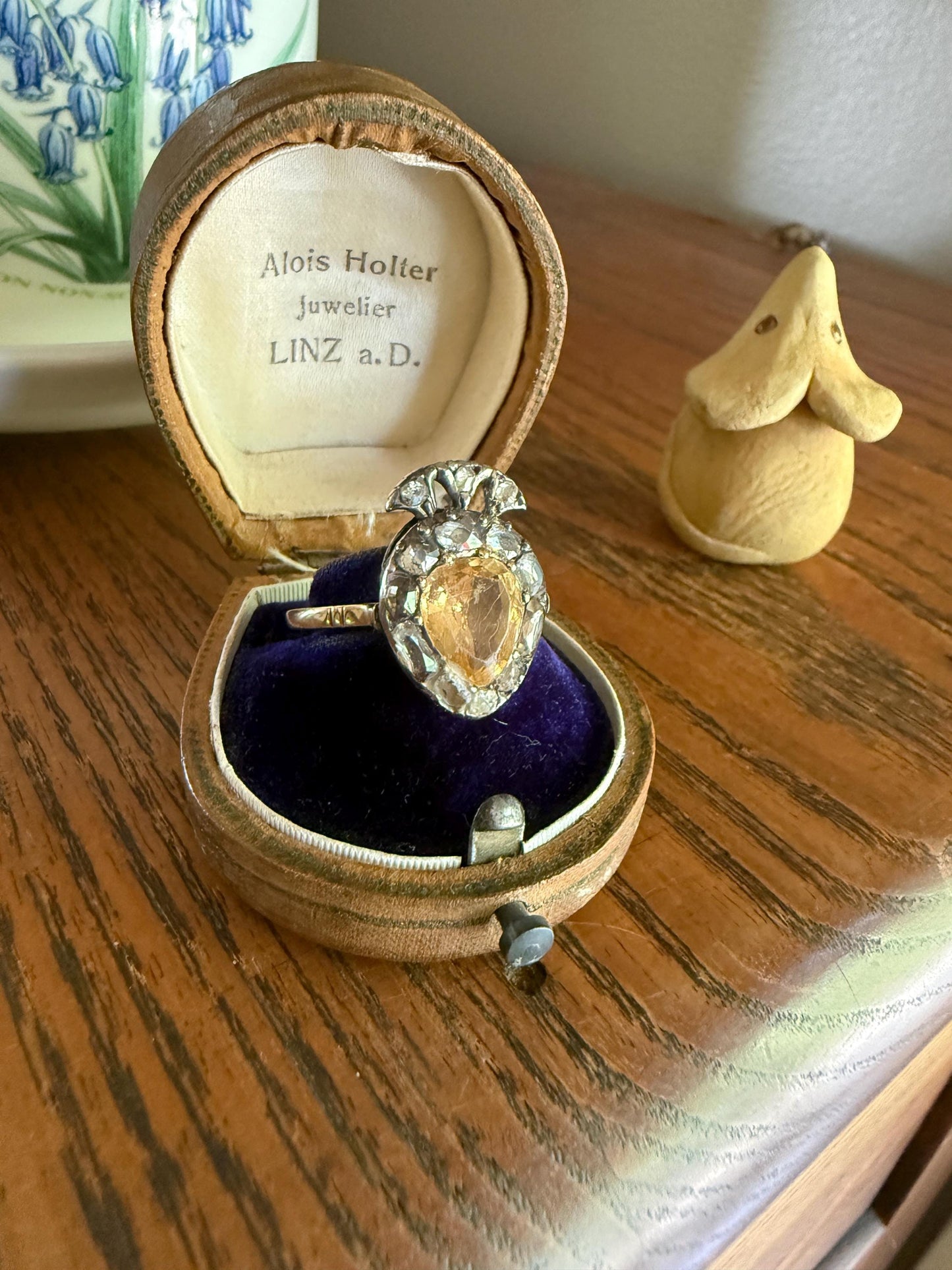 Rare Georgian Era Crowned HEART Ring Pear Precious Golden Yellow Topaz Elongated Old Mine Rose Cut DIAMOND Halo 18k Gold Silver Figural
