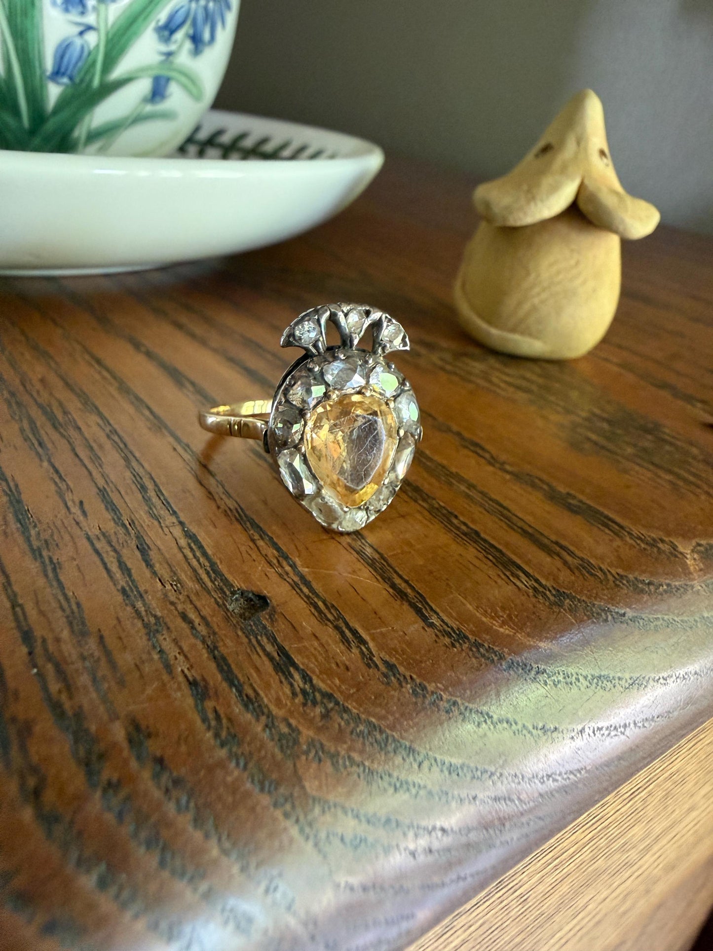 Rare Georgian Era Crowned HEART Ring Pear Precious Golden Yellow Topaz Elongated Old Mine Rose Cut DIAMOND Halo 18k Gold Silver Figural