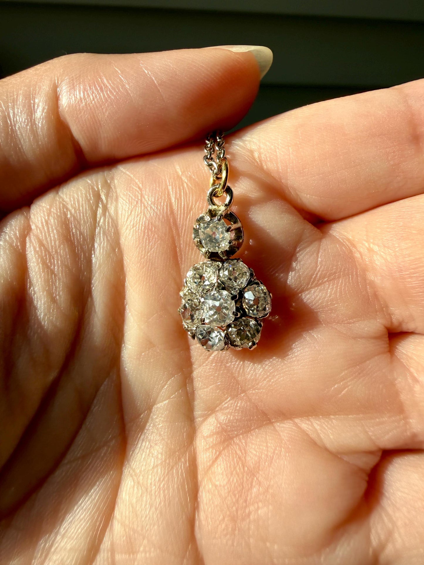 Antique 2.1 Carats Old Mine Cut DIAMOND Daisy Cluster Pendant on Chain Necklace French 18k Gold OMC 2.1Ctw Art Deco