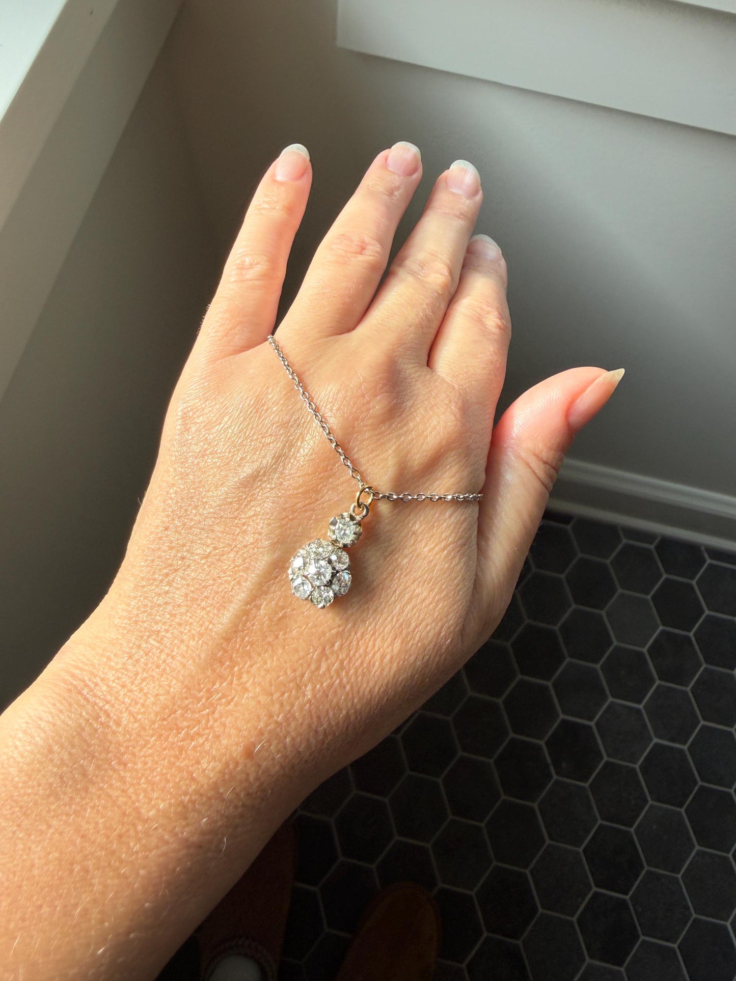 Antique 2.1 Carats Old Mine Cut DIAMOND Daisy Cluster Pendant on Chain Necklace French 18k Gold OMC 2.1Ctw Art Deco