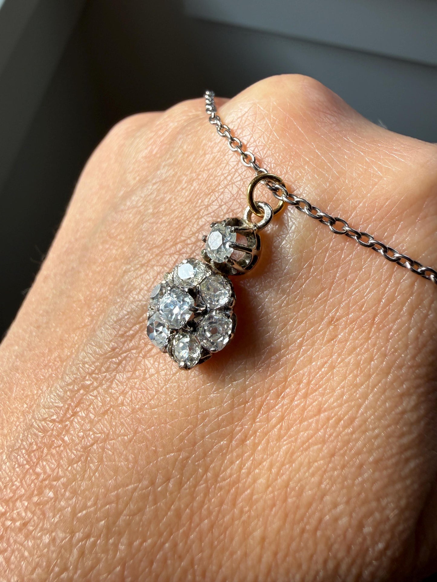 Antique 2.1 Carats Old Mine Cut DIAMOND Daisy Cluster Pendant on Chain Necklace French 18k Gold OMC 2.1Ctw Art Deco