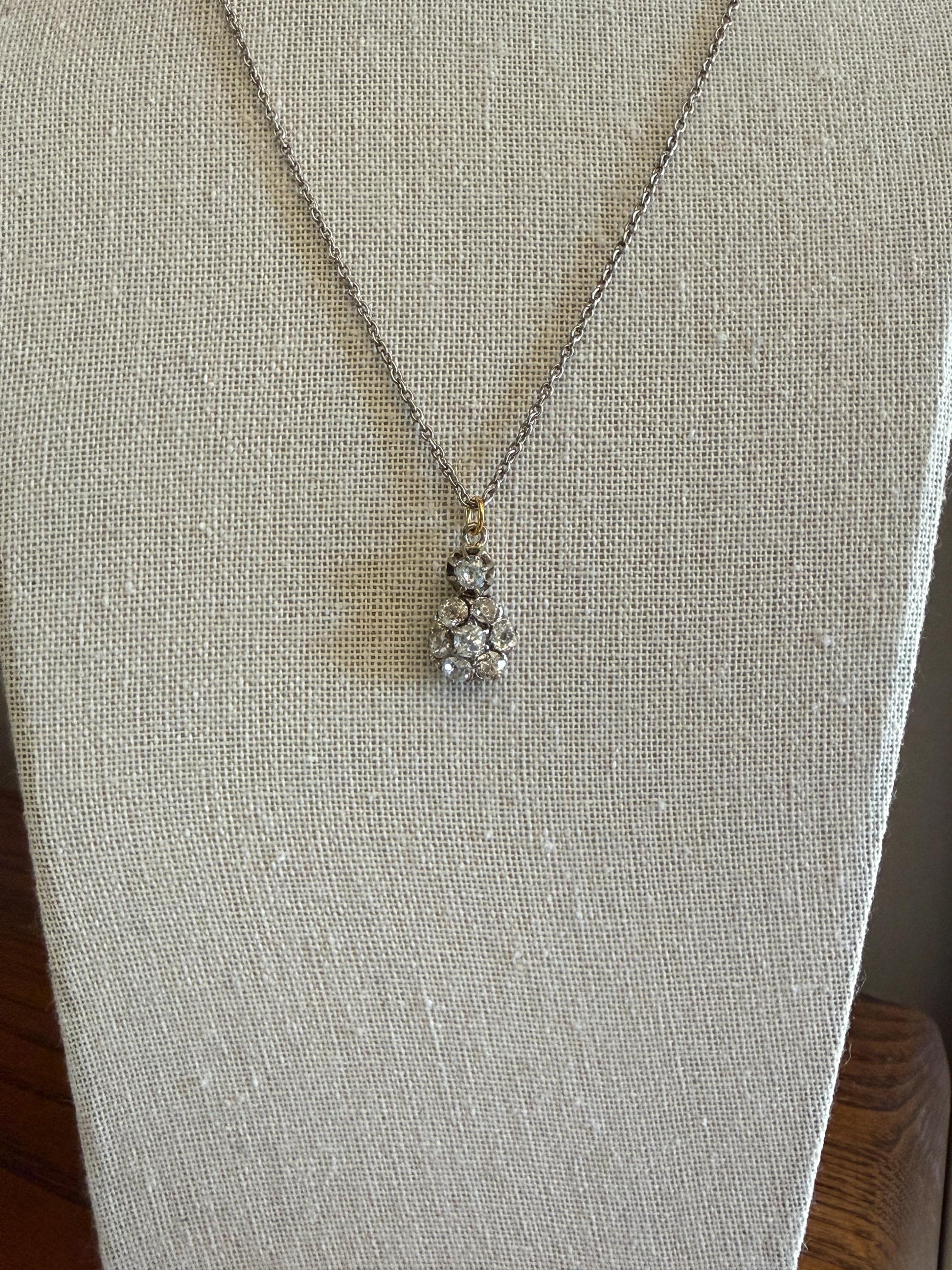 Antique 2.1 Carats Old Mine Cut DIAMOND Daisy Cluster Pendant on Chain Necklace French 18k Gold OMC 2.1Ctw Art Deco