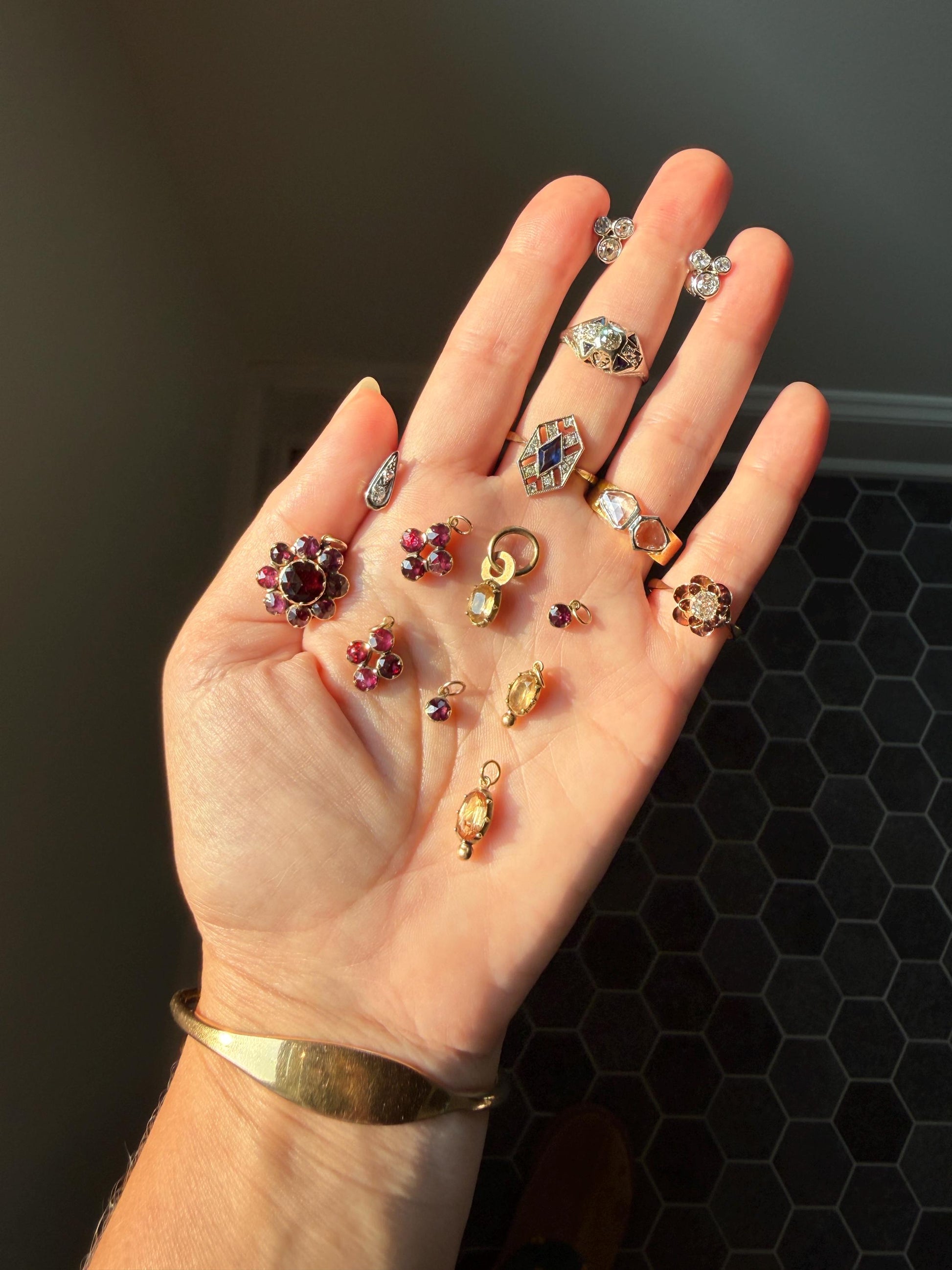 One Georgian ANTIQUE Precious Golden Topaz Pendant Bracelet Charm 18k 14k Gold Victorian Minimalist Glowing Peach Collet Set