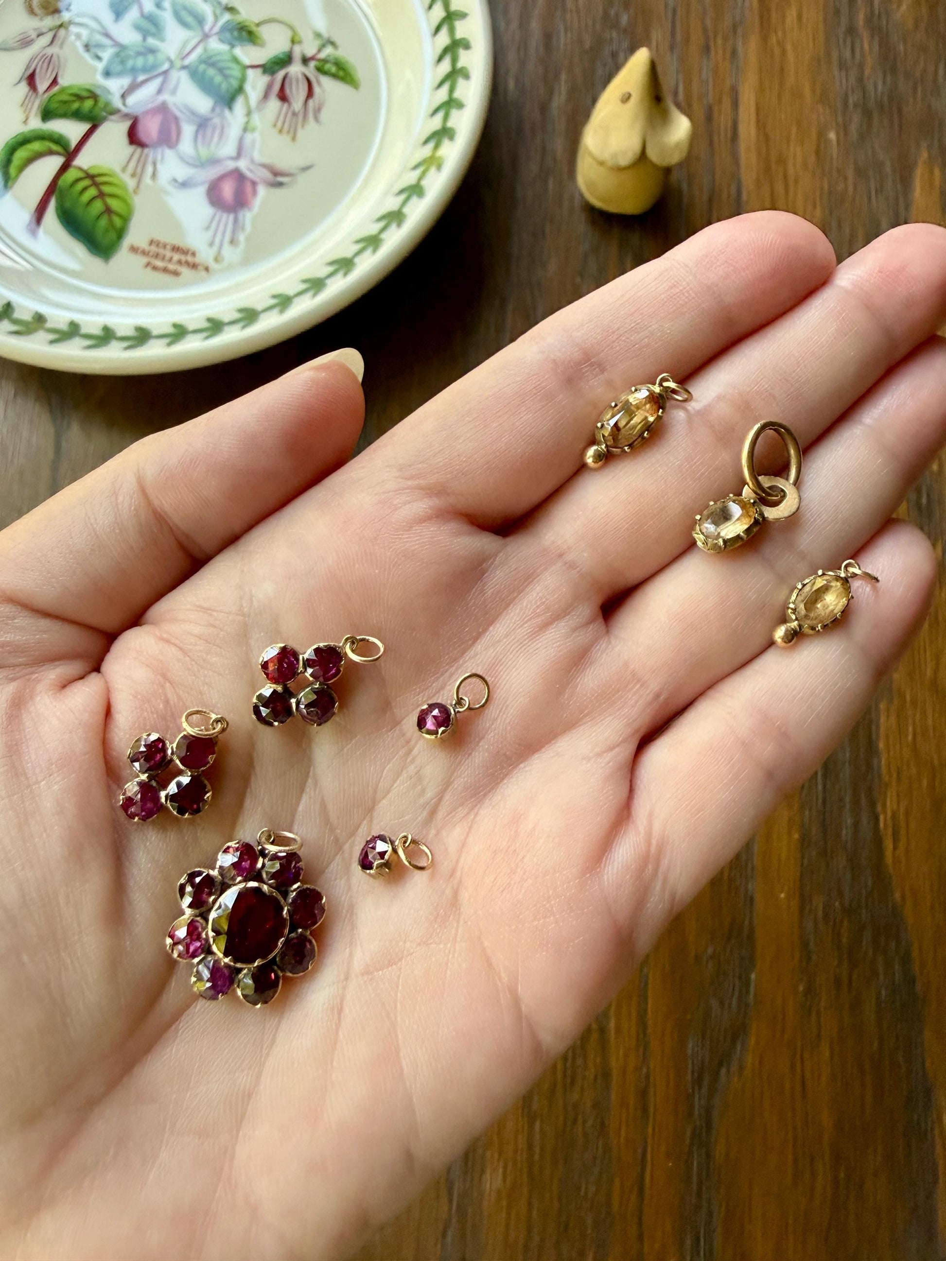 Large Floral Daisy Cluster ANTIQUE Juicy Perpignan GARNET Pendant Bracelet Charm 18k 14k Gold Victorian Minimalist Glowing Pink Red Purple