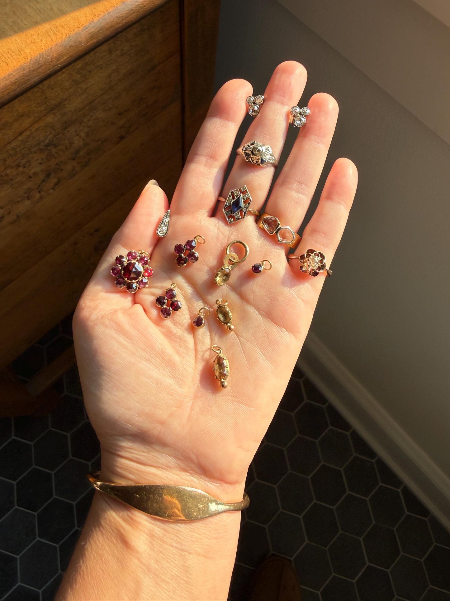 One Georgian ANTIQUE Precious Golden Topaz Pendant Bracelet Charm 18k 14k Gold Victorian Minimalist Glowing Peach Collet Set