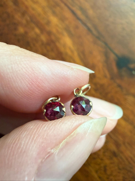 Teensiest Tiny ANTIQUE One Juicy Perpignan GARNET Pendant Bracelet Charm 18k 14k Gold Victorian Foil Back Minimalist Glowing Pink Red Purple