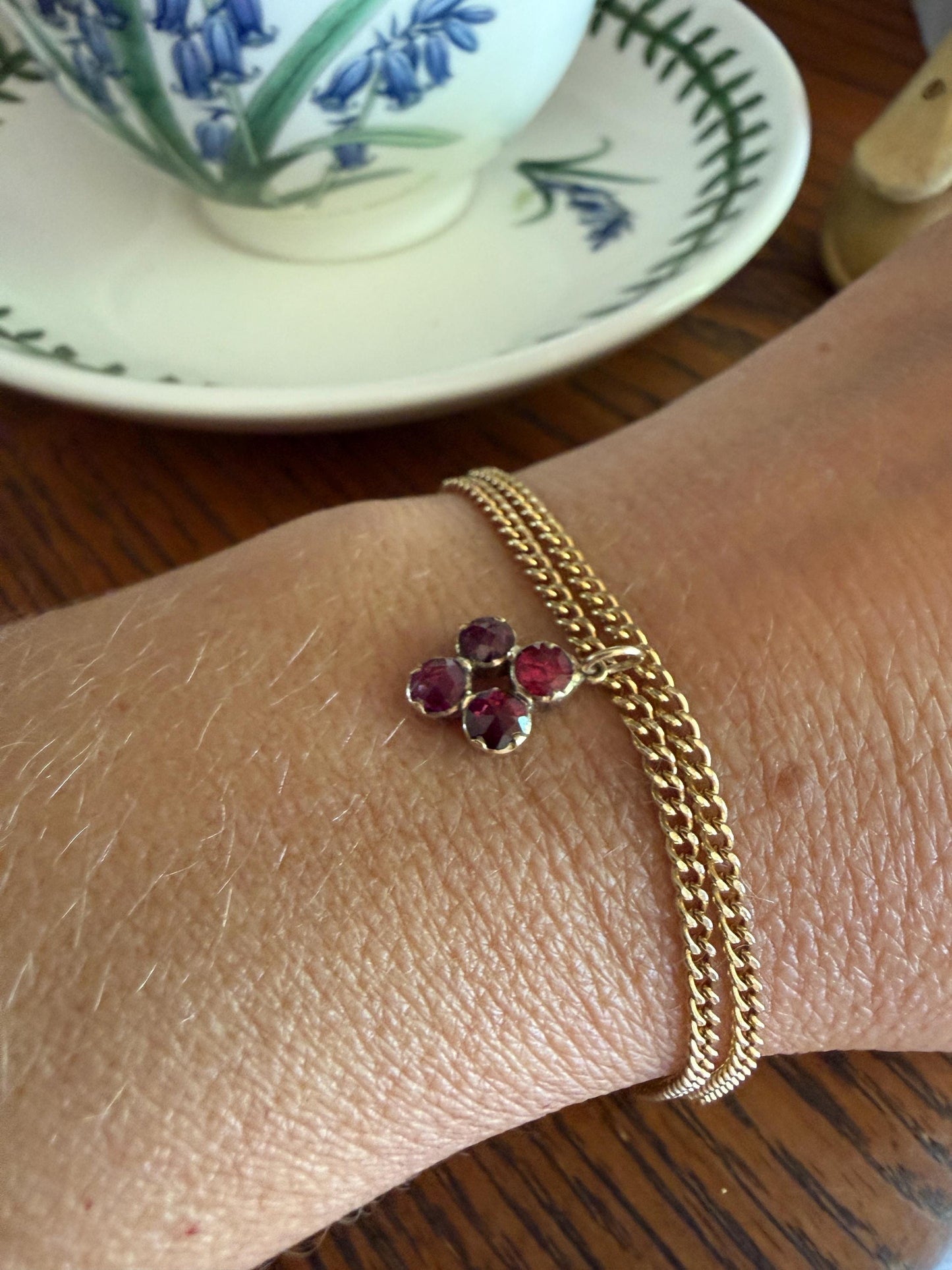 Quatrefoil Cluster One ANTIQUE Juicy Perpignan GARNET Pendant Bracelet Charm 18k 14k Gold Victorian Minimalist Glowing Pink Red Purple