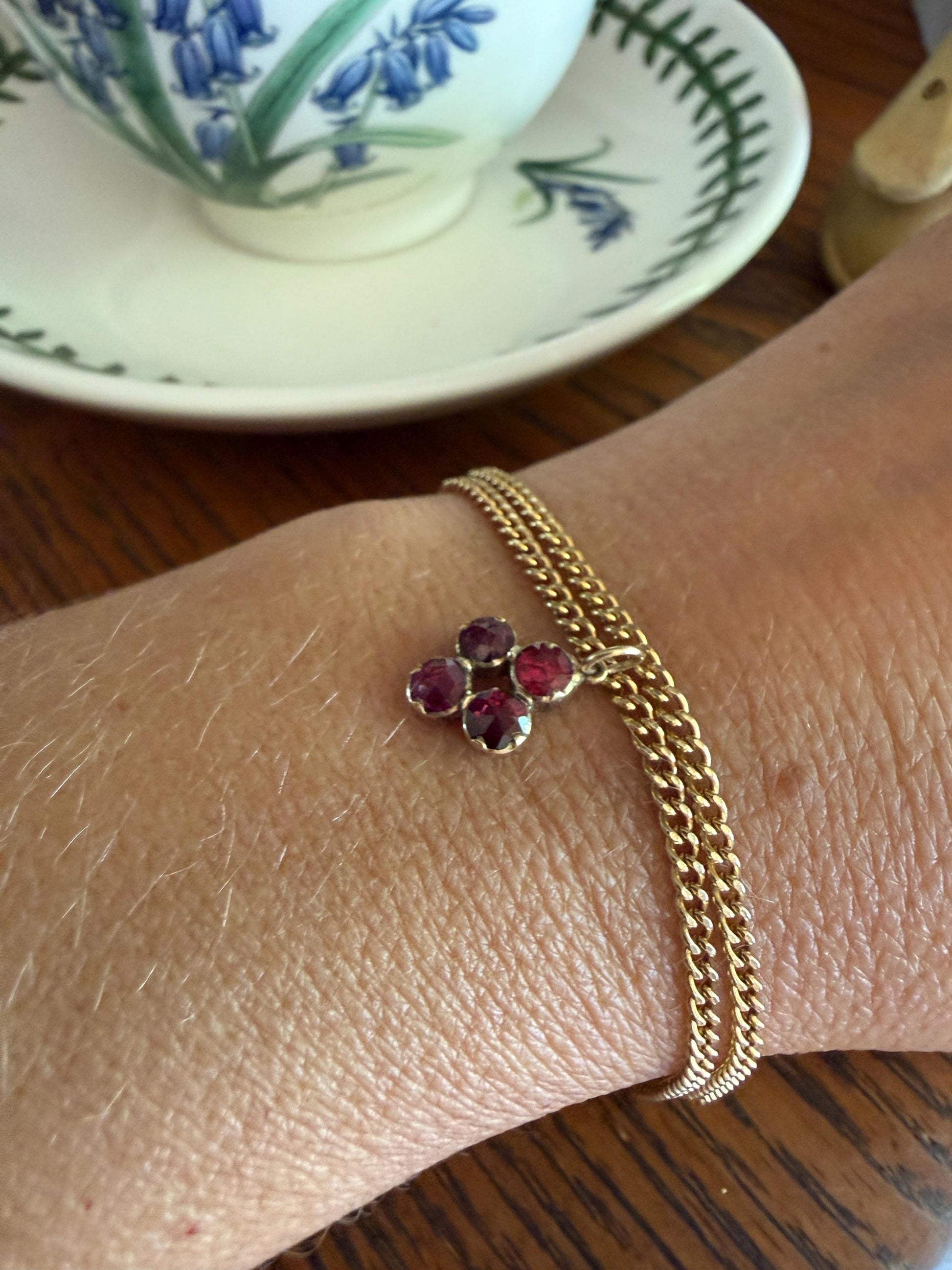 Quatrefoil Cluster One ANTIQUE Juicy Perpignan GARNET Pendant Bracelet Charm 18k 14k Gold Victorian Minimalist Glowing Pink Red Purple