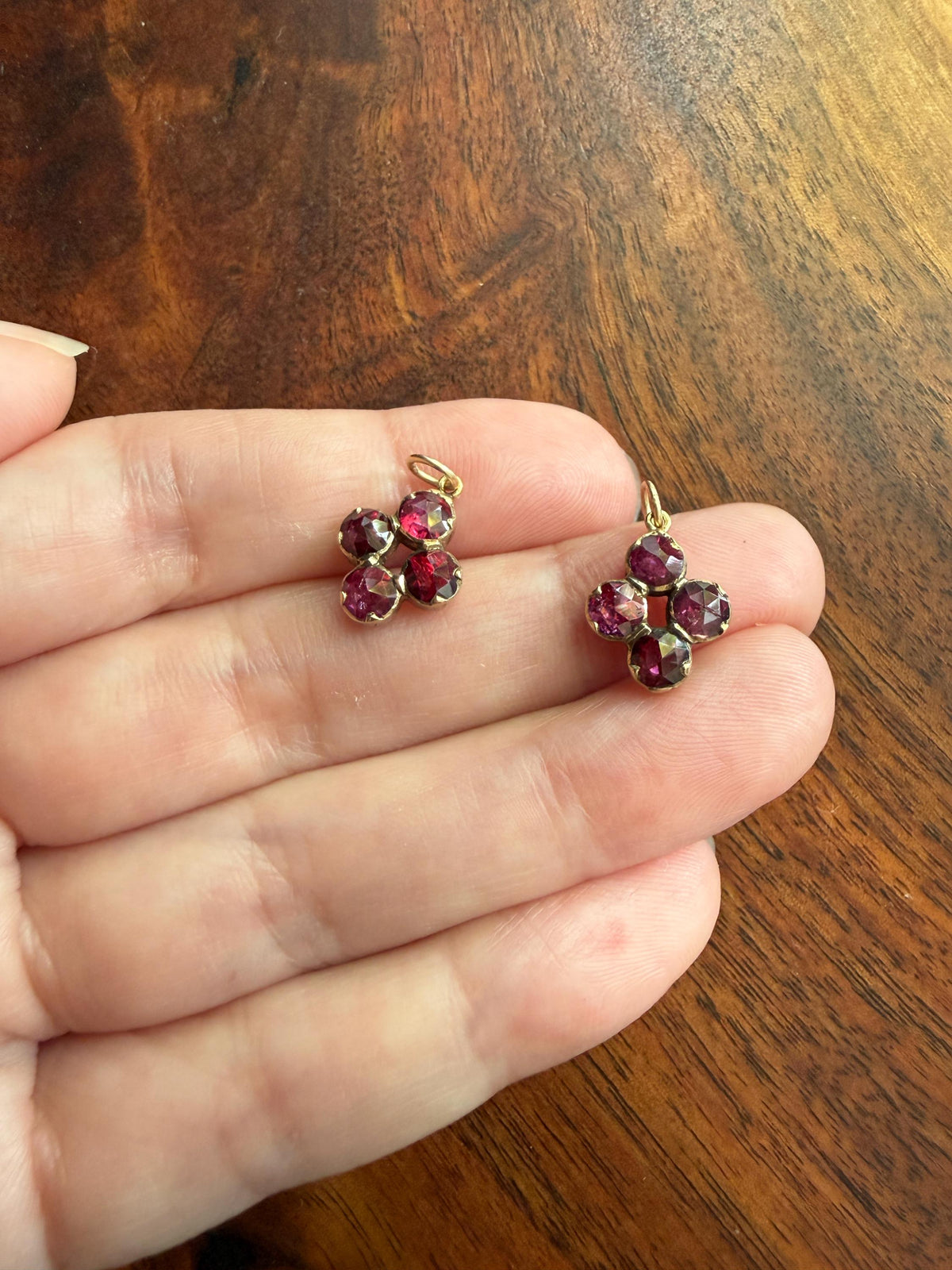 Quatrefoil Cluster One ANTIQUE Juicy Perpignan GARNET Pendant Bracelet Charm 18k 14k Gold Victorian Minimalist Glowing Pink Red Purple