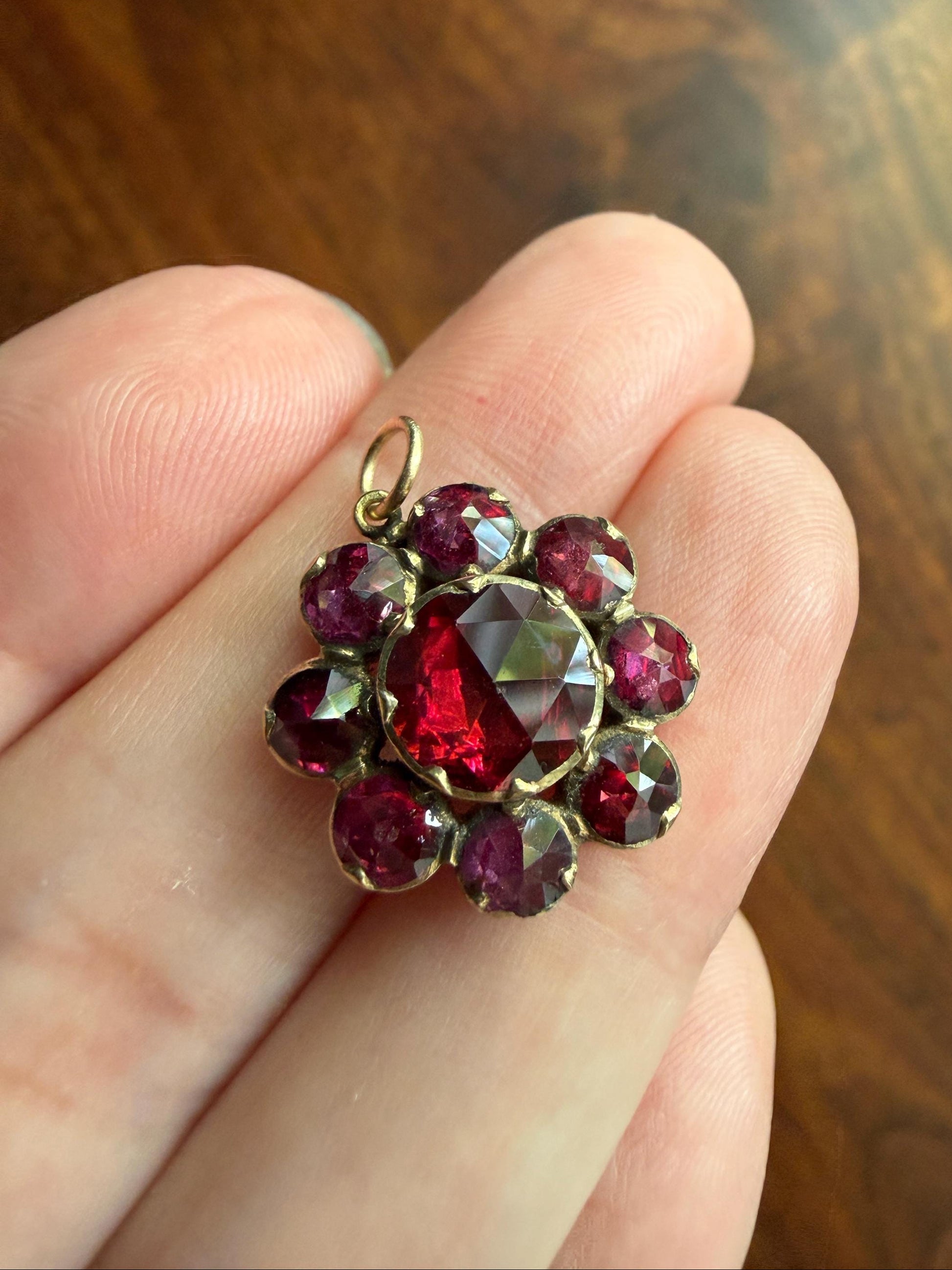 Large Floral Daisy Cluster ANTIQUE Juicy Perpignan GARNET Pendant Bracelet Charm 18k 14k Gold Victorian Minimalist Glowing Pink Red Purple