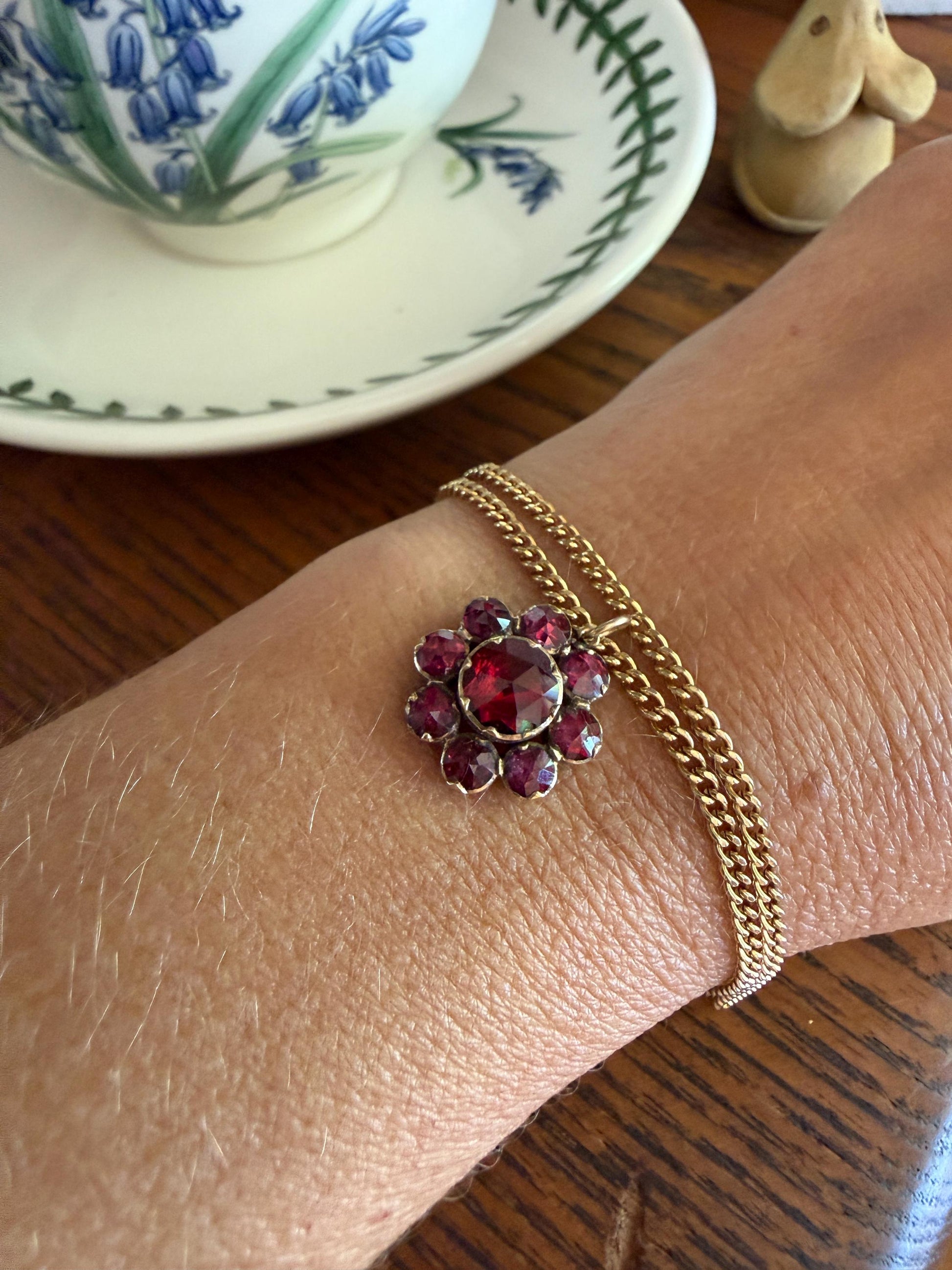 Large Floral Daisy Cluster ANTIQUE Juicy Perpignan GARNET Pendant Bracelet Charm 18k 14k Gold Victorian Minimalist Glowing Pink Red Purple
