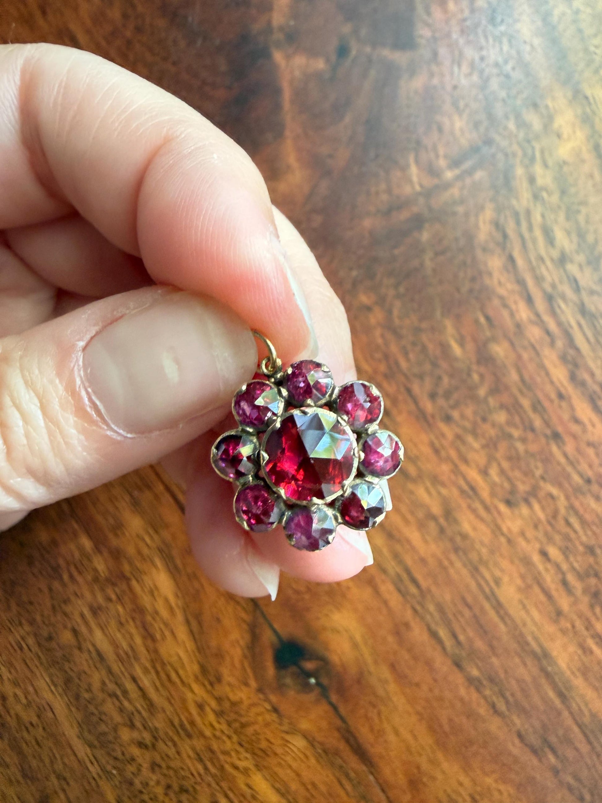 Large Floral Daisy Cluster ANTIQUE Juicy Perpignan GARNET Pendant Bracelet Charm 18k 14k Gold Victorian Minimalist Glowing Pink Red Purple