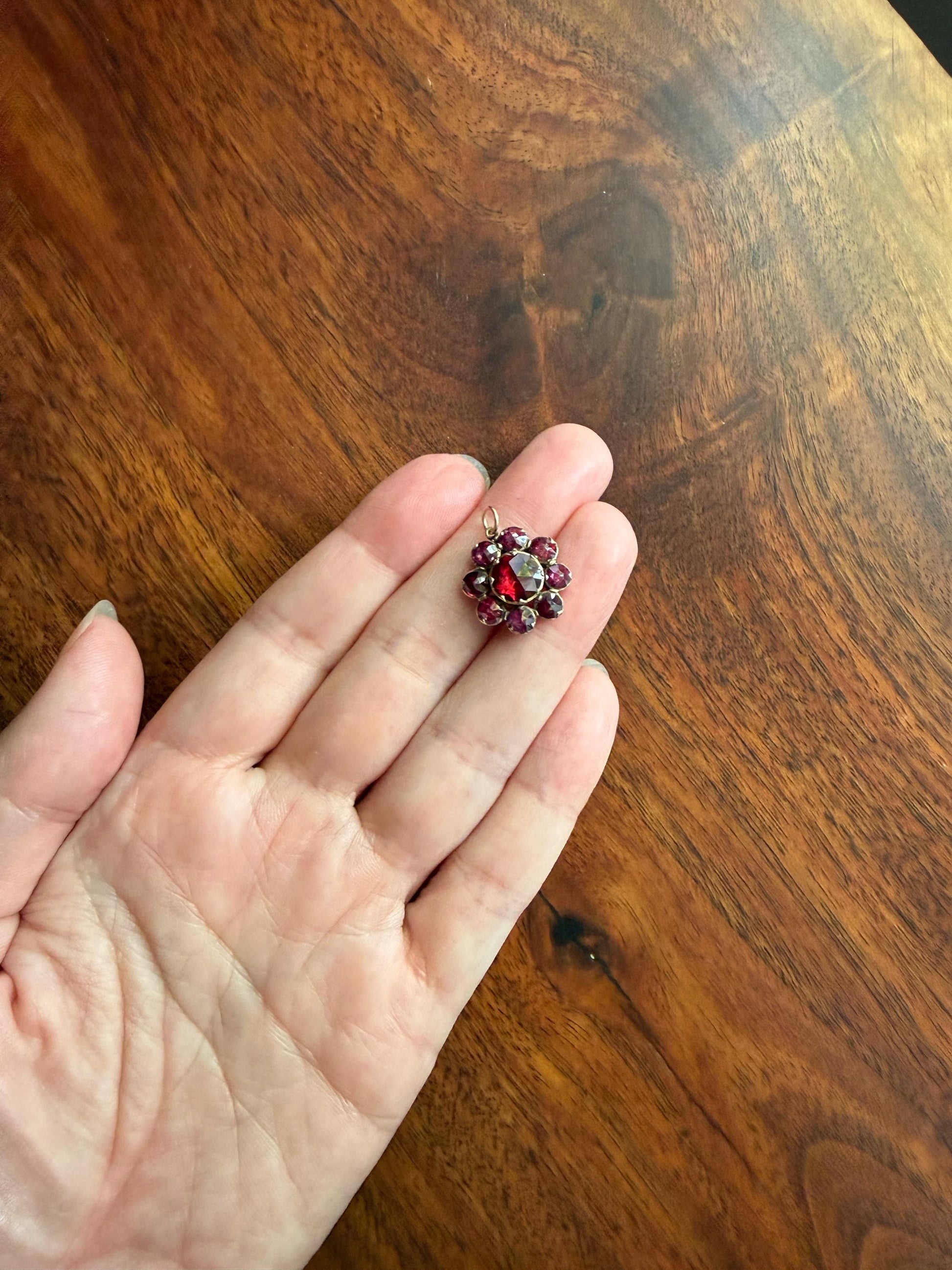 Large Floral Daisy Cluster ANTIQUE Juicy Perpignan GARNET Pendant Bracelet Charm 18k 14k Gold Victorian Minimalist Glowing Pink Red Purple
