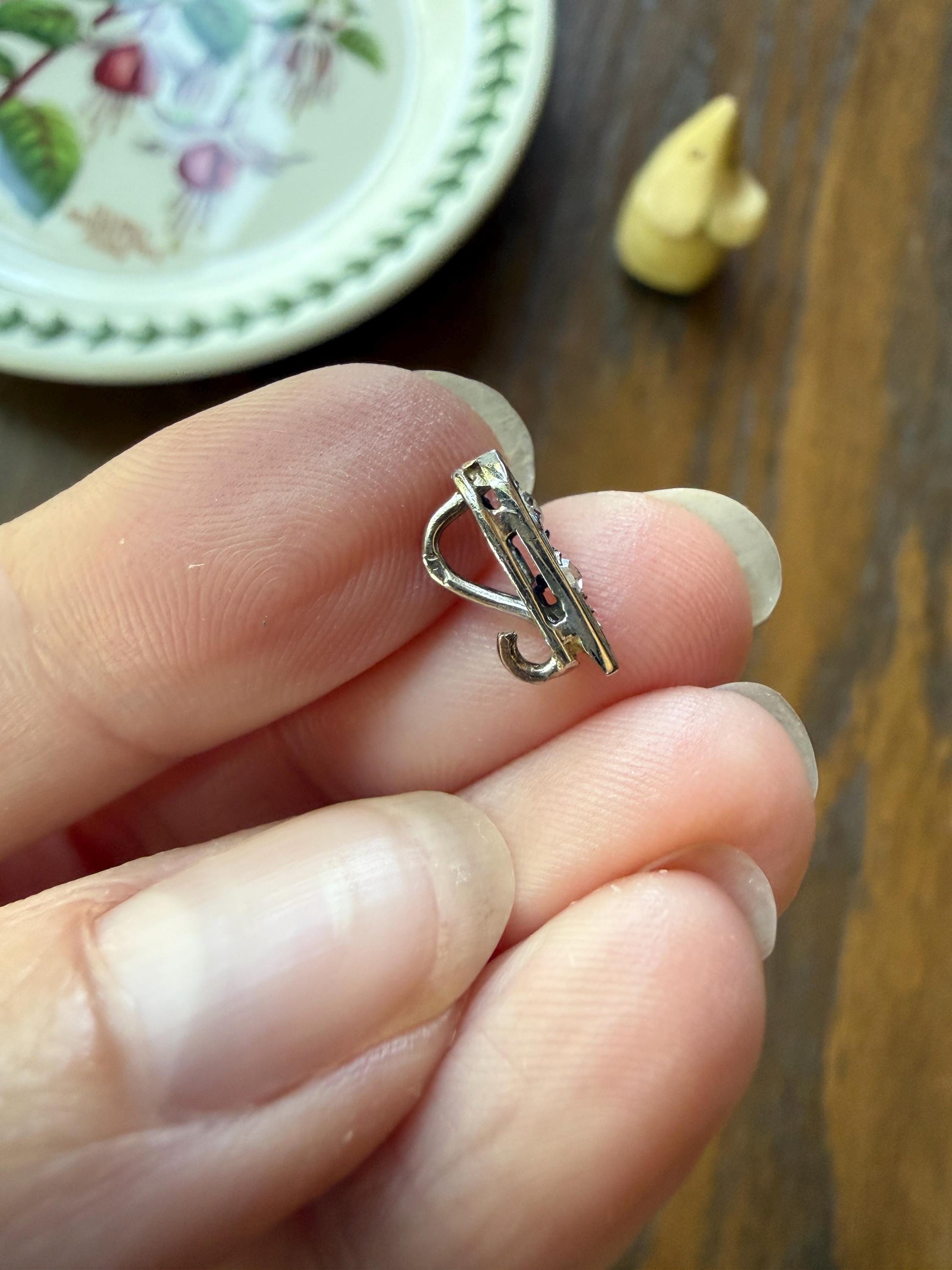 French Art Deco Old Mine & Rose Cut Diamond Bale Teardrop Pendant Charm Holder Original Parts Findings Vintage Connector