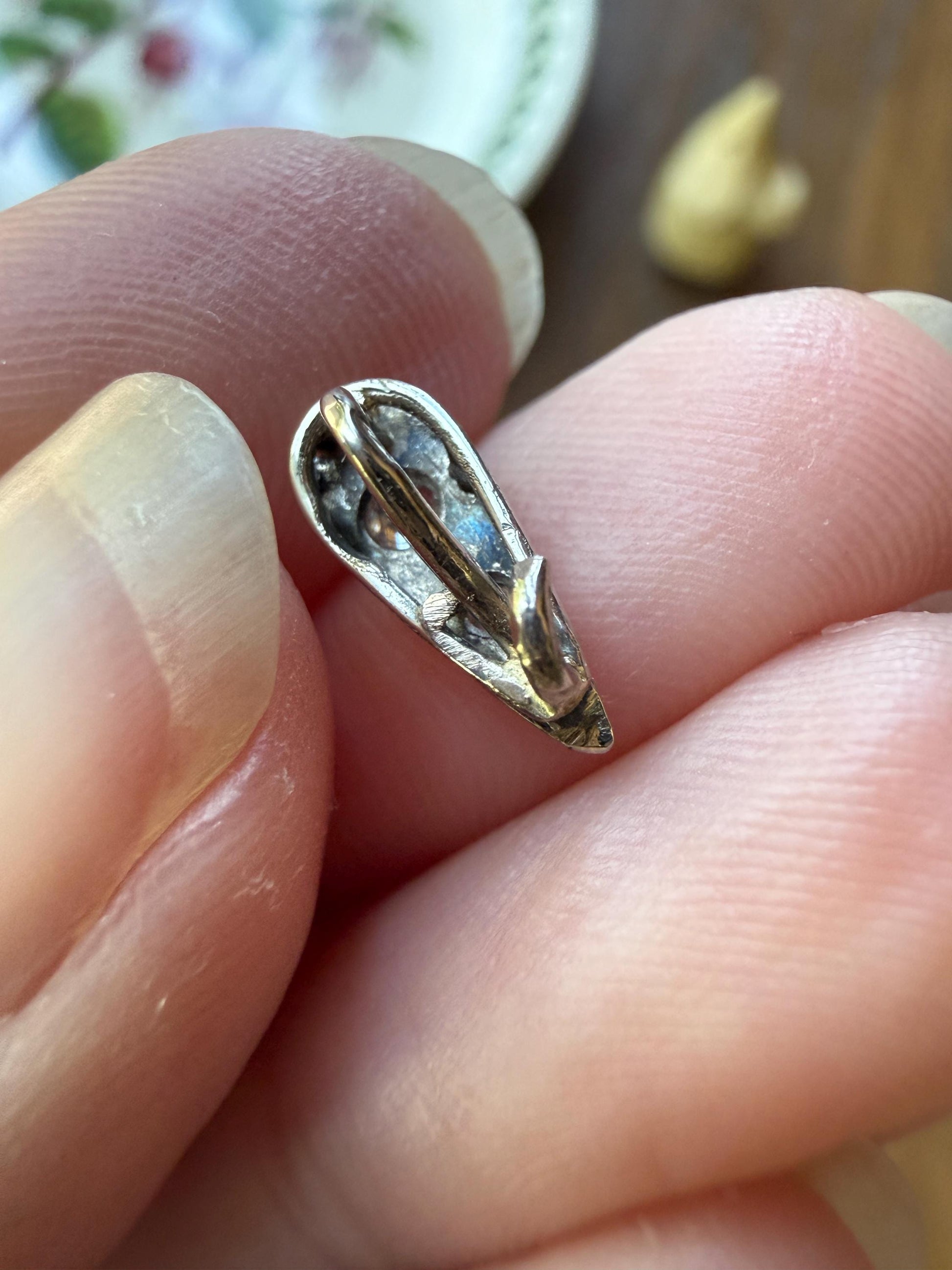 French Art Deco Old Mine & Rose Cut Diamond Bale Teardrop Pendant Charm Holder Original Parts Findings Vintage Connector