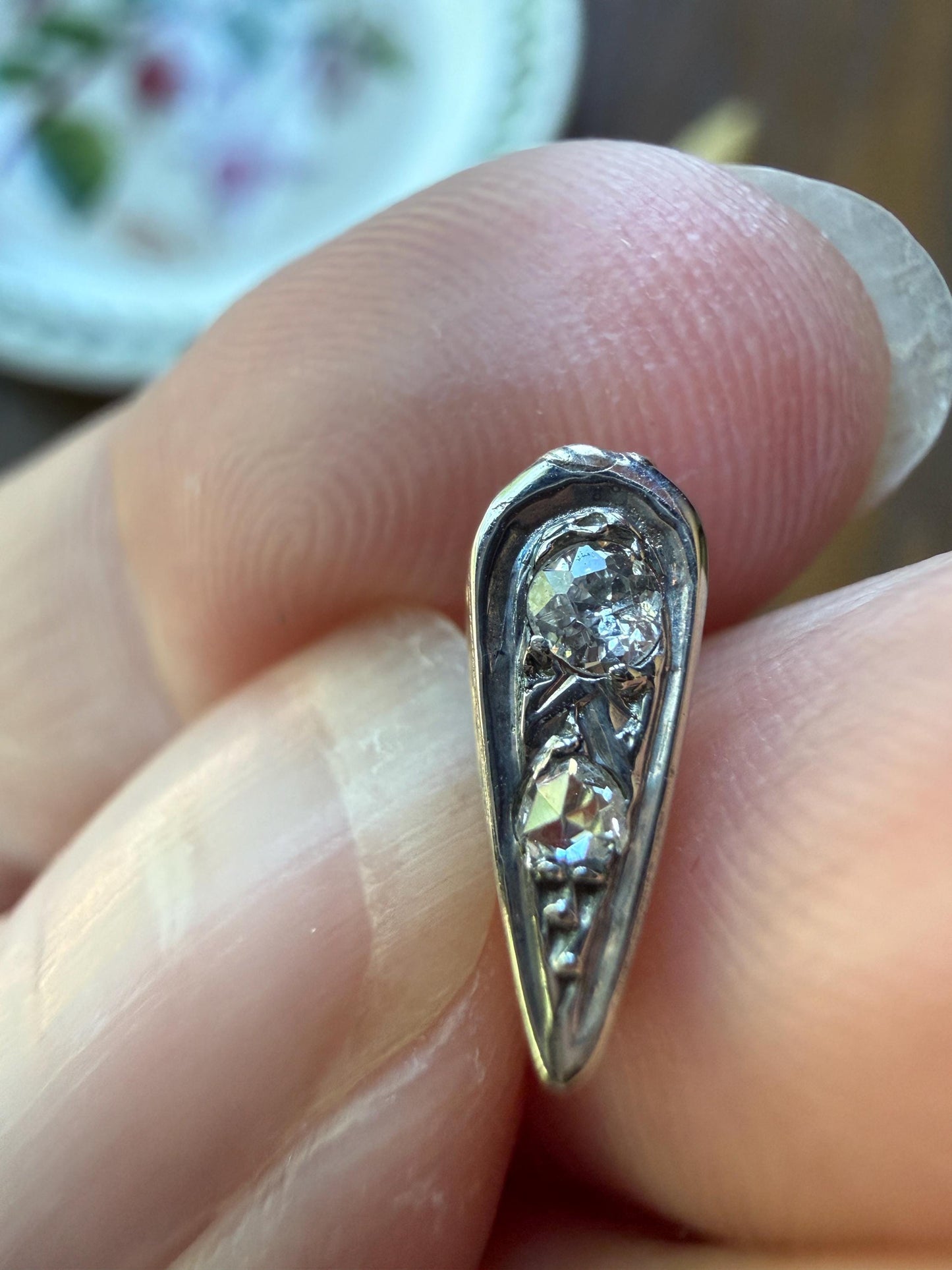 French Art Deco Old Mine & Rose Cut Diamond Bale Teardrop Pendant Charm Holder Original Parts Findings Vintage Connector