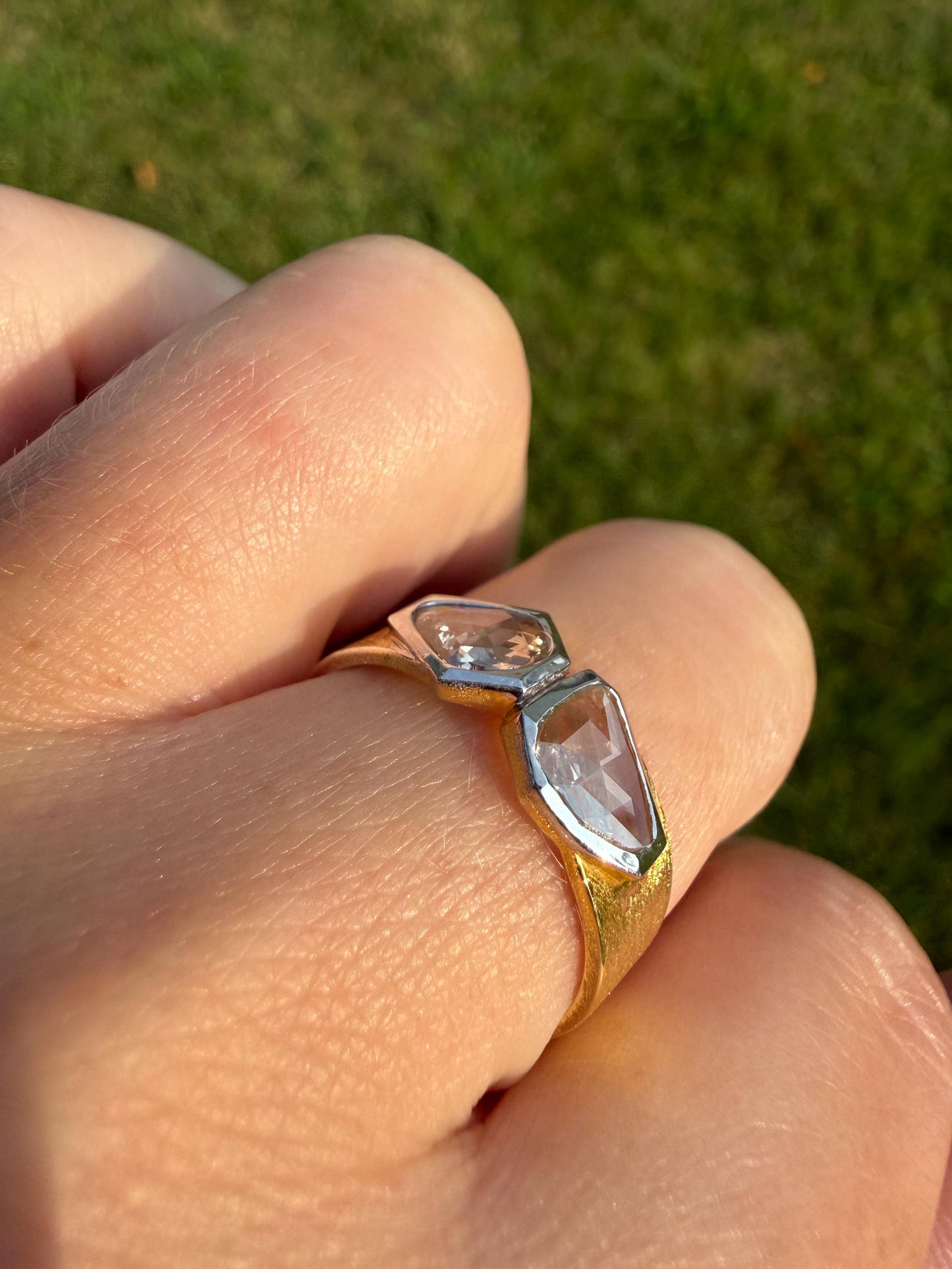 Vintage Hexagon Kite Rose Cut Diamond Cigar Band Ring French Silver Gold Vermeil Bezel Set Unique Shield Lozenge Wide Toi et Moi Geometric