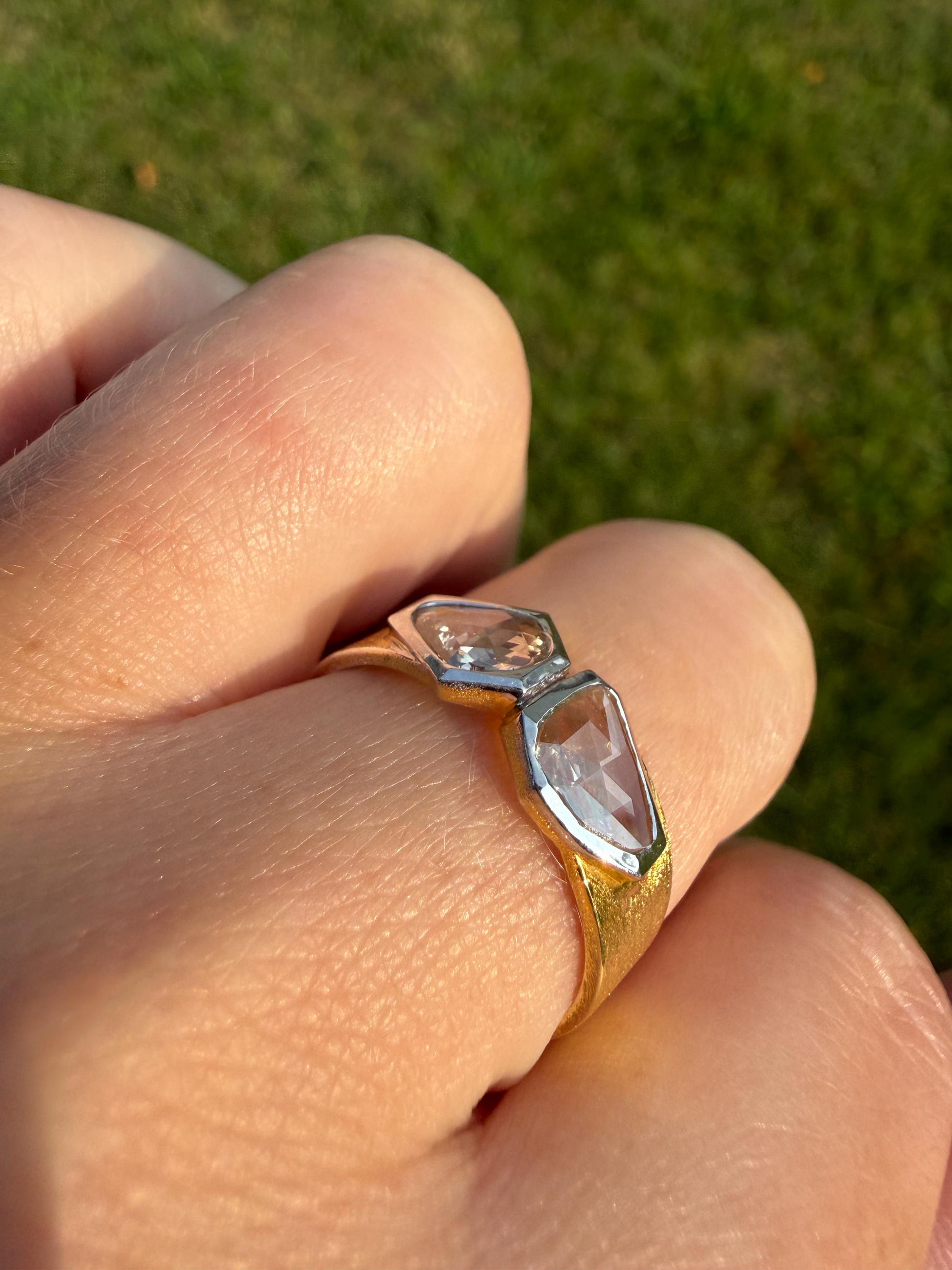 Vintage Hexagon Kite Rose Cut Diamond Cigar Band Ring French Silver Gold Vermeil Bezel Set Unique Shield Lozenge Wide Toi et Moi Geometric