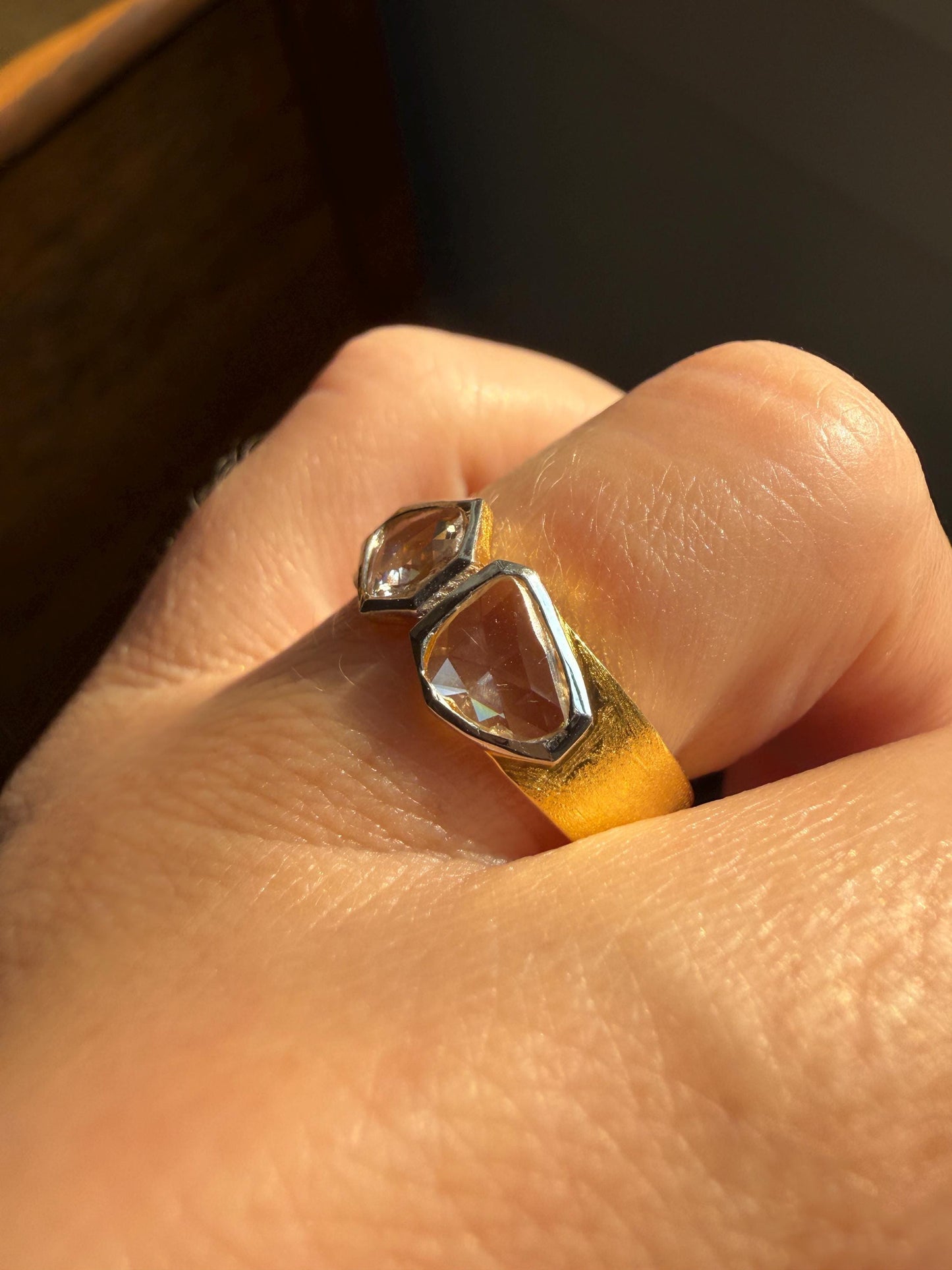 Vintage Hexagon Kite Rose Cut Diamond Cigar Band Ring French Silver Gold Vermeil Bezel Set Unique Shield Lozenge Wide Toi et Moi Geometric