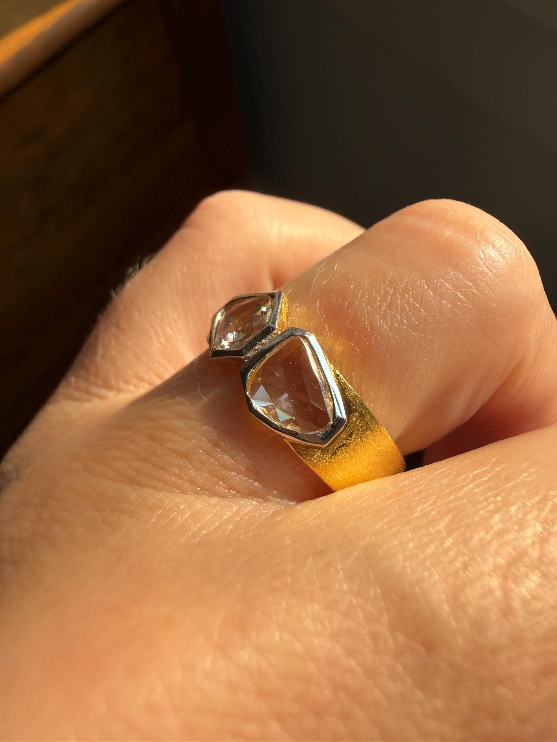 Vintage Hexagon Kite Rose Cut Diamond Cigar Band Ring French Silver Gold Vermeil Bezel Set Unique Shield Lozenge Wide Toi et Moi Geometric
