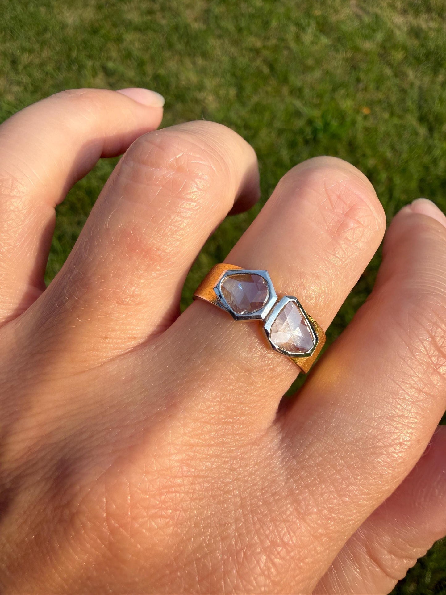 Vintage Hexagon Kite Rose Cut Diamond Cigar Band Ring French Silver Gold Vermeil Bezel Set Unique Shield Lozenge Wide Toi et Moi Geometric