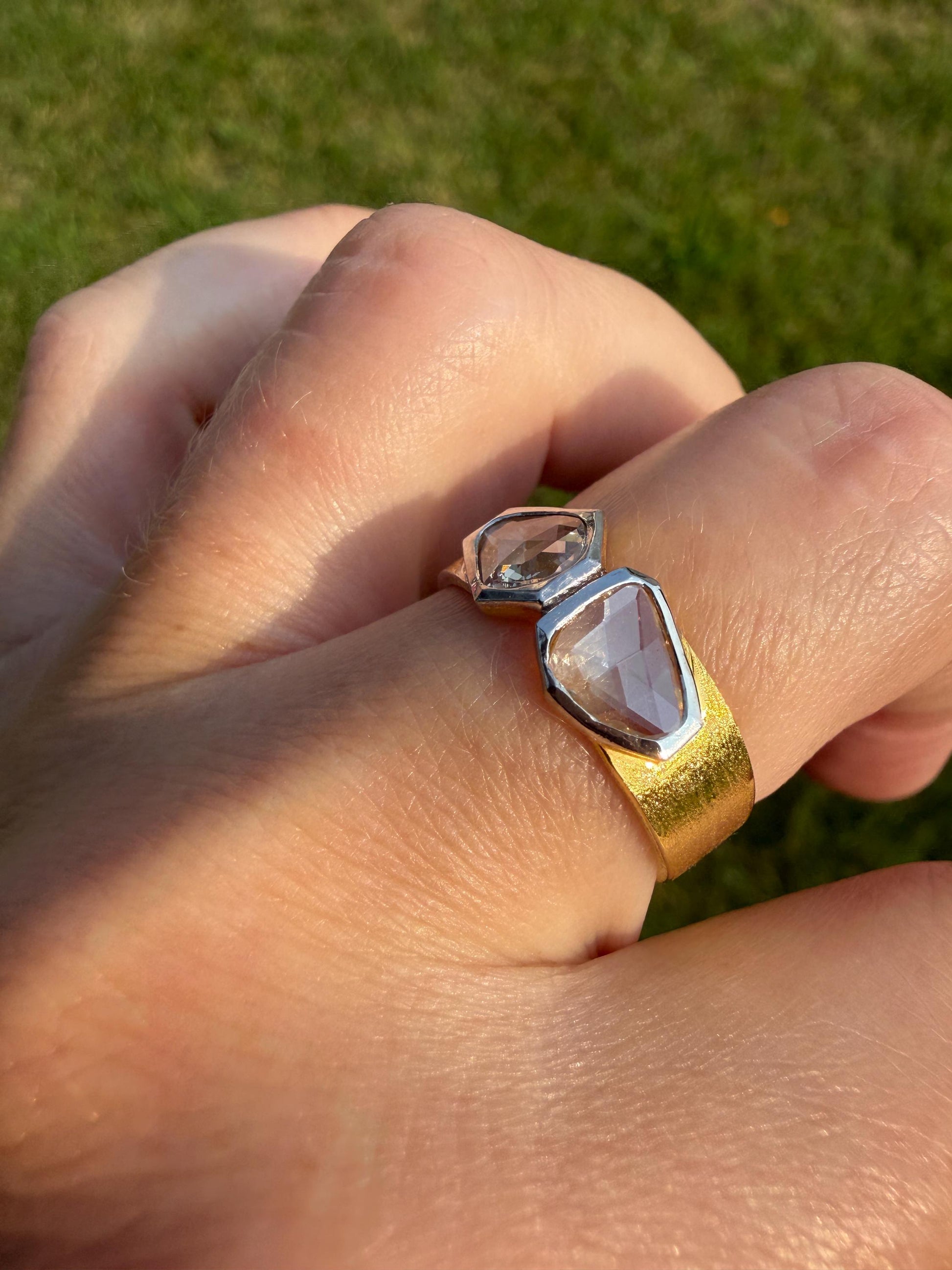 Vintage Hexagon Kite Rose Cut Diamond Cigar Band Ring French Silver Gold Vermeil Bezel Set Unique Shield Lozenge Wide Toi et Moi Geometric