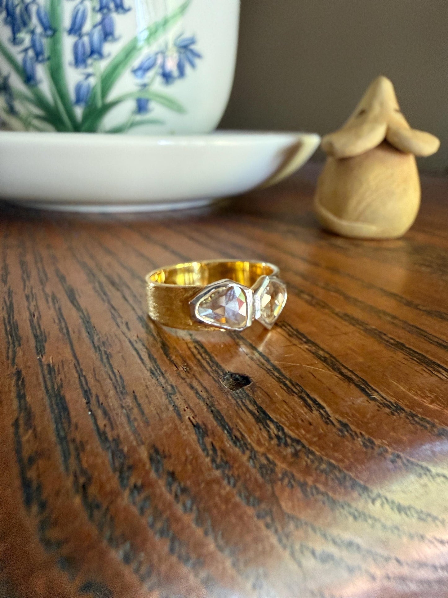 Vintage Hexagon Kite Rose Cut Diamond Cigar Band Ring French Silver Gold Vermeil Bezel Set Unique Shield Lozenge Wide Toi et Moi Geometric