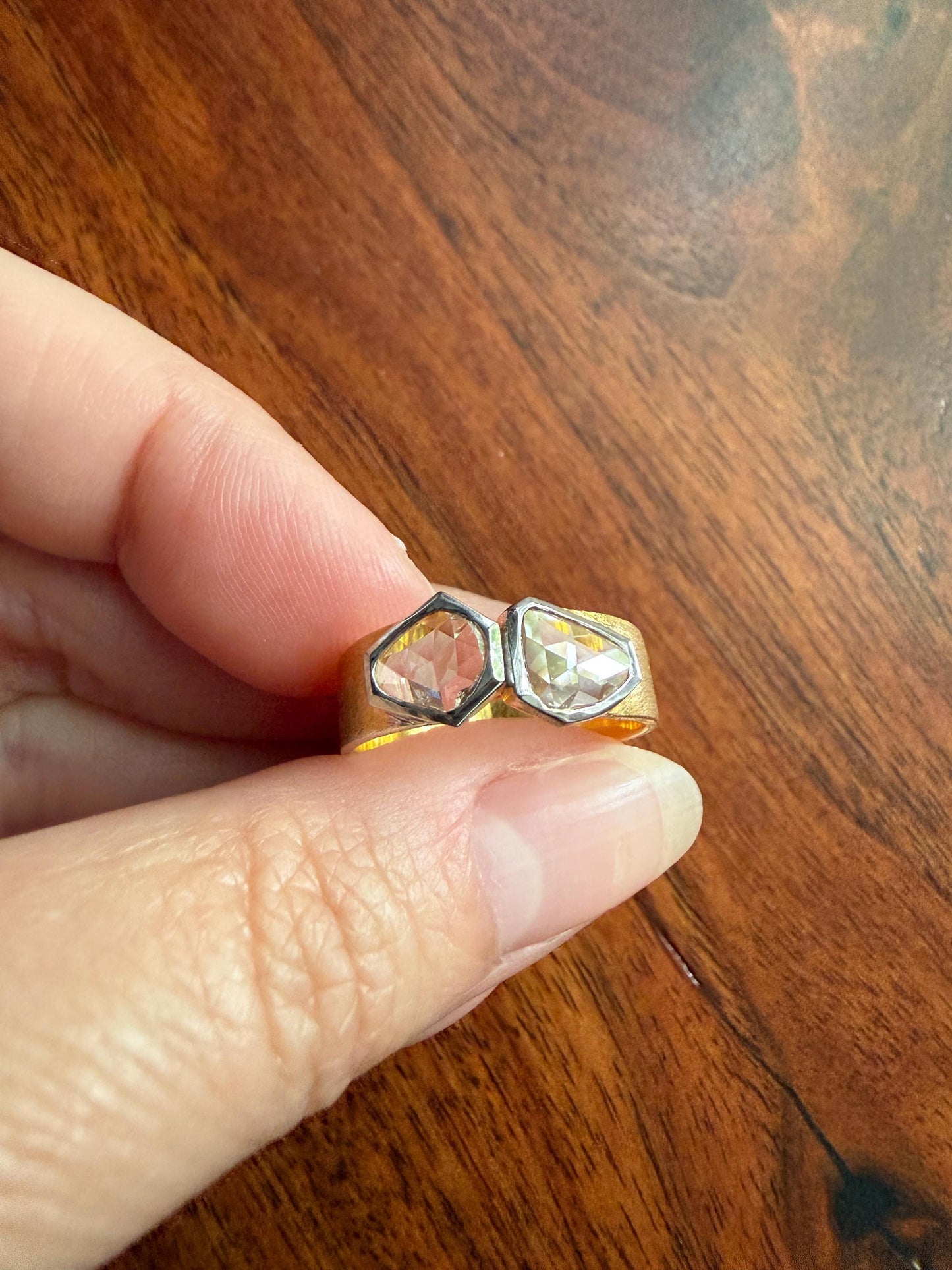 Vintage Hexagon Kite Rose Cut Diamond Cigar Band Ring French Silver Gold Vermeil Bezel Set Unique Shield Lozenge Wide Toi et Moi Geometric