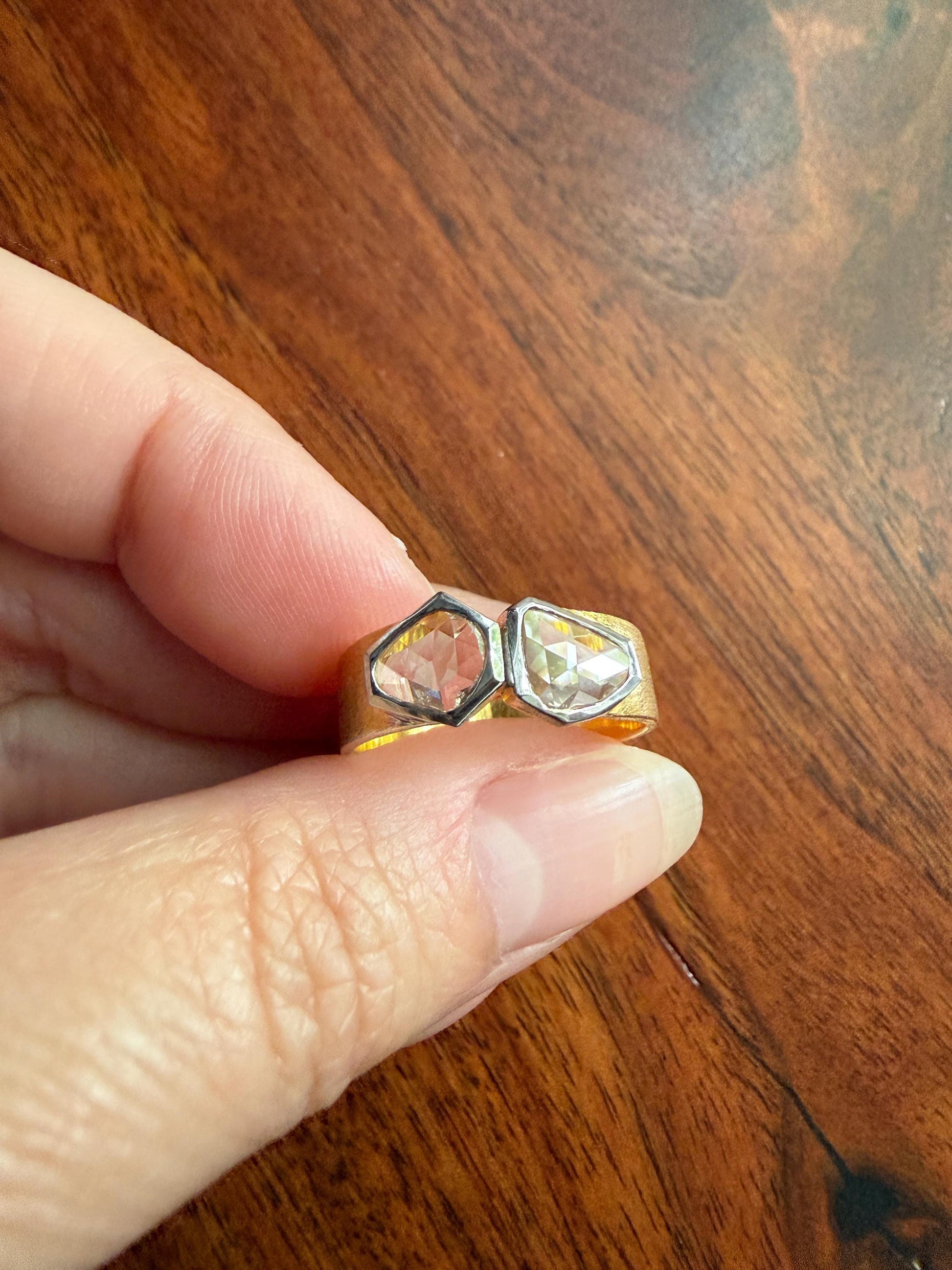 Vintage Hexagon Kite Rose Cut Diamond Cigar Band Ring French Silver Gold Vermeil Bezel Set Unique Shield Lozenge Wide Toi et Moi Geometric