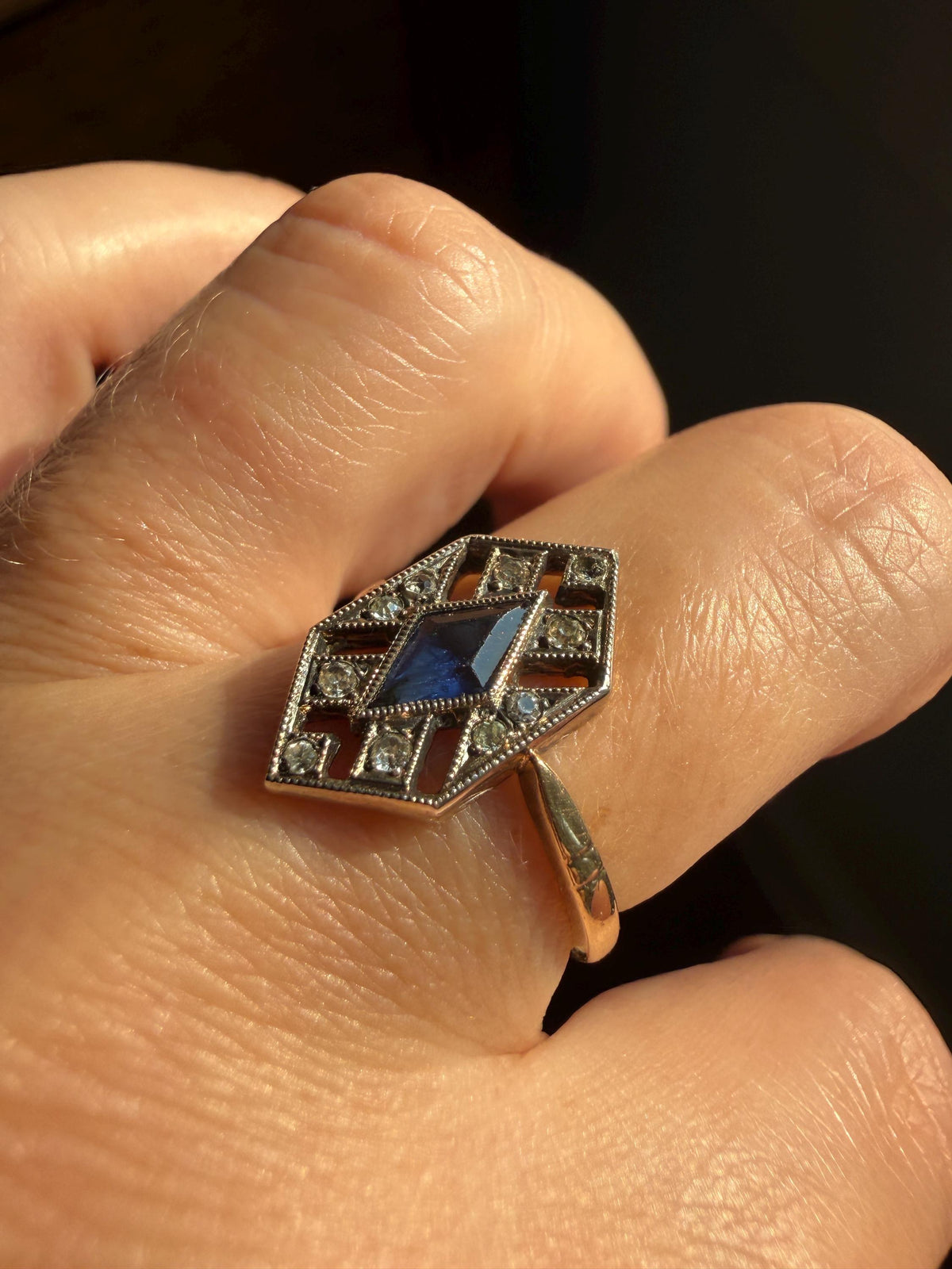 HEXAGON Antique 18k Gold Silver French Art Deco Ring Blue Paste Sapphire White Faux Diamond Geometric Stacker Panel Lozenge