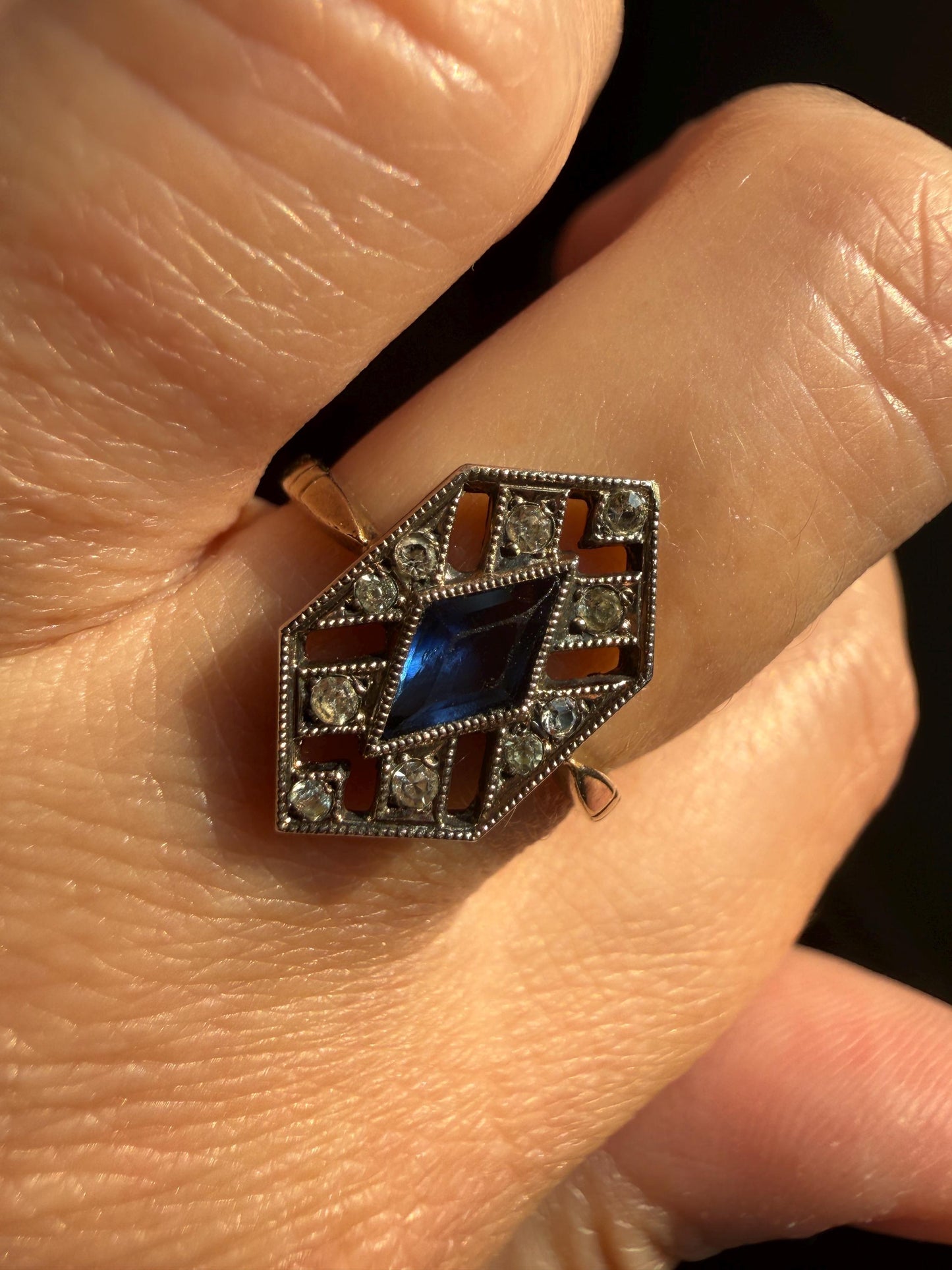 HEXAGON Antique 18k Gold Silver French Art Deco Ring Blue Paste Sapphire White Faux Diamond Geometric Stacker Panel Lozenge