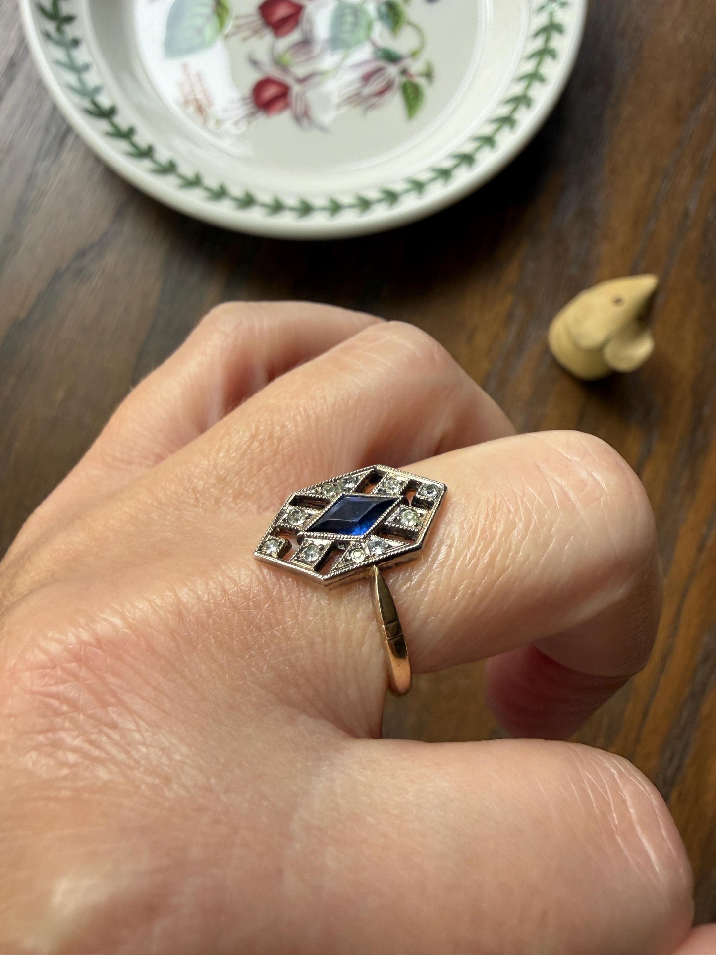 HEXAGON Antique 18k Gold Silver French Art Deco Ring Blue Paste Sapphire White Faux Diamond Geometric Stacker Panel Lozenge