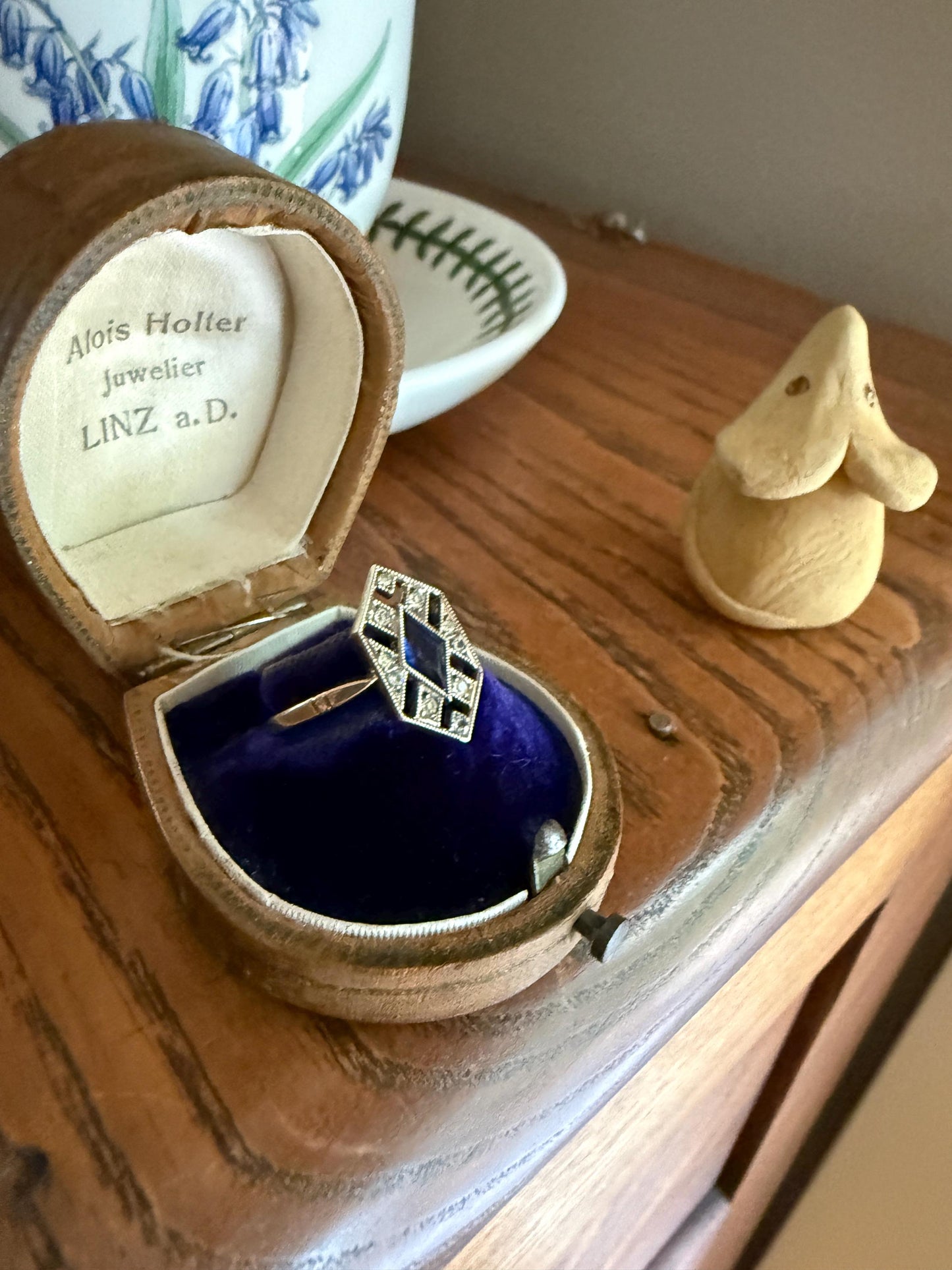 HEXAGON Antique 18k Gold Silver French Art Deco Ring Blue Paste Sapphire White Faux Diamond Geometric Stacker Panel Lozenge