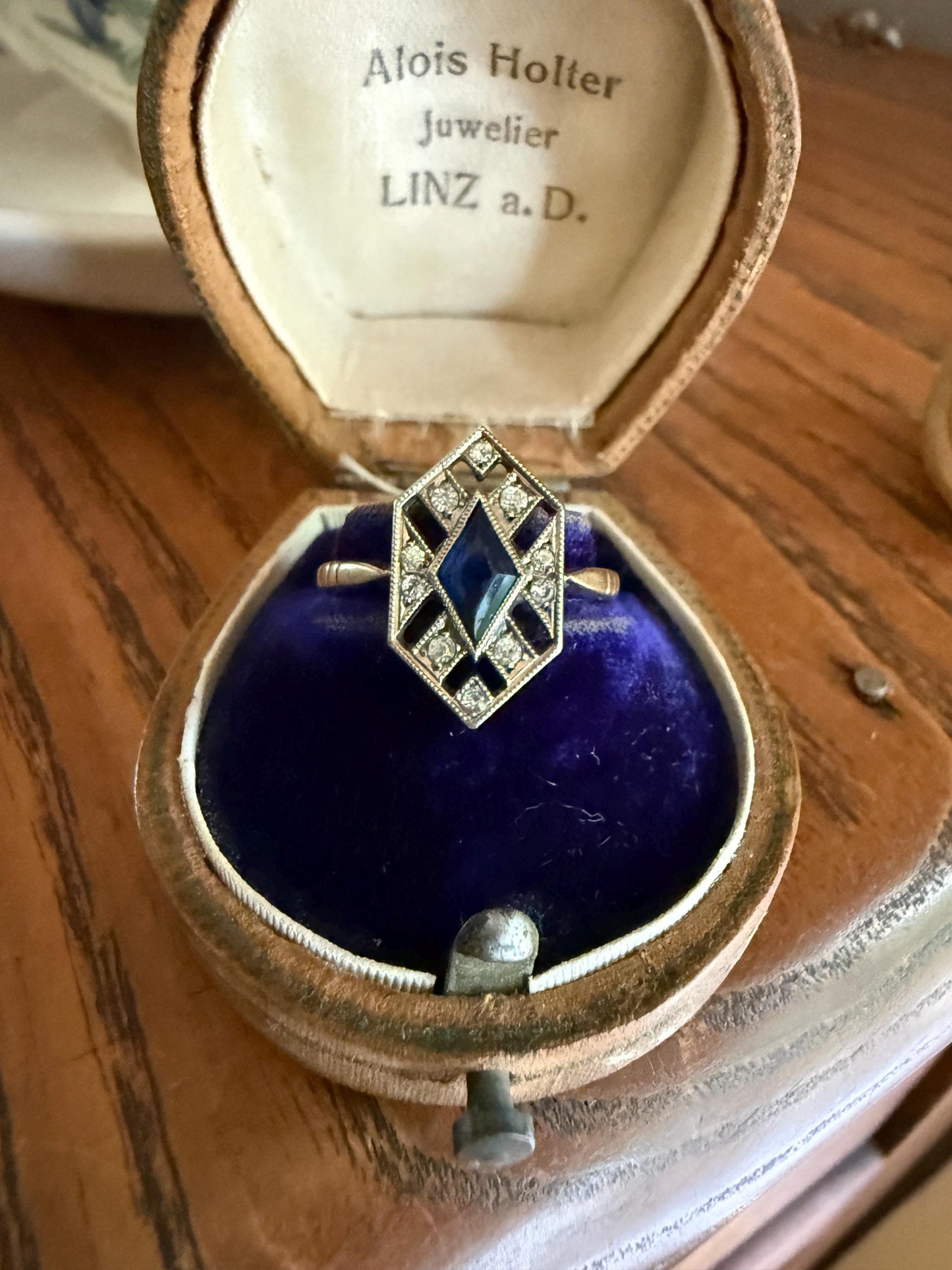 HEXAGON Antique 18k Gold Silver French Art Deco Ring Blue Paste Sapphire White Faux Diamond Geometric Stacker Panel Lozenge