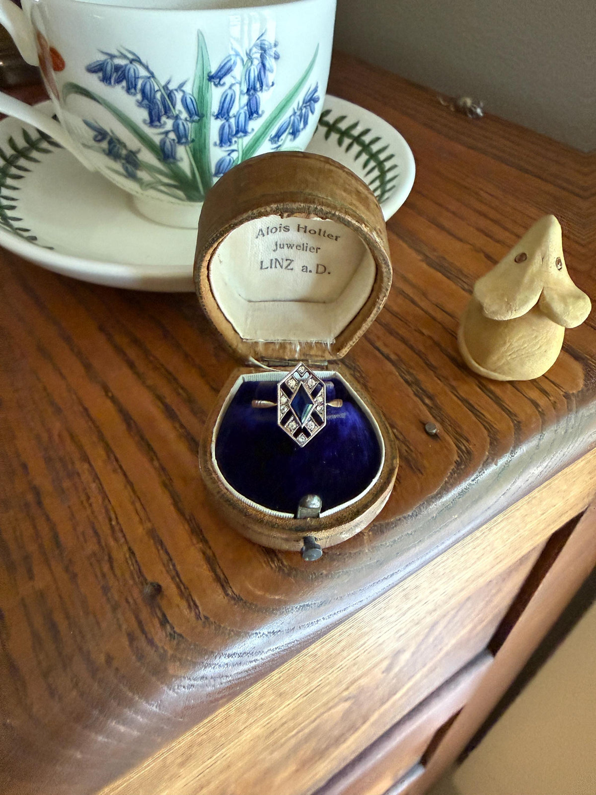 HEXAGON Antique 18k Gold Silver French Art Deco Ring Blue Paste Sapphire White Faux Diamond Geometric Stacker Panel Lozenge
